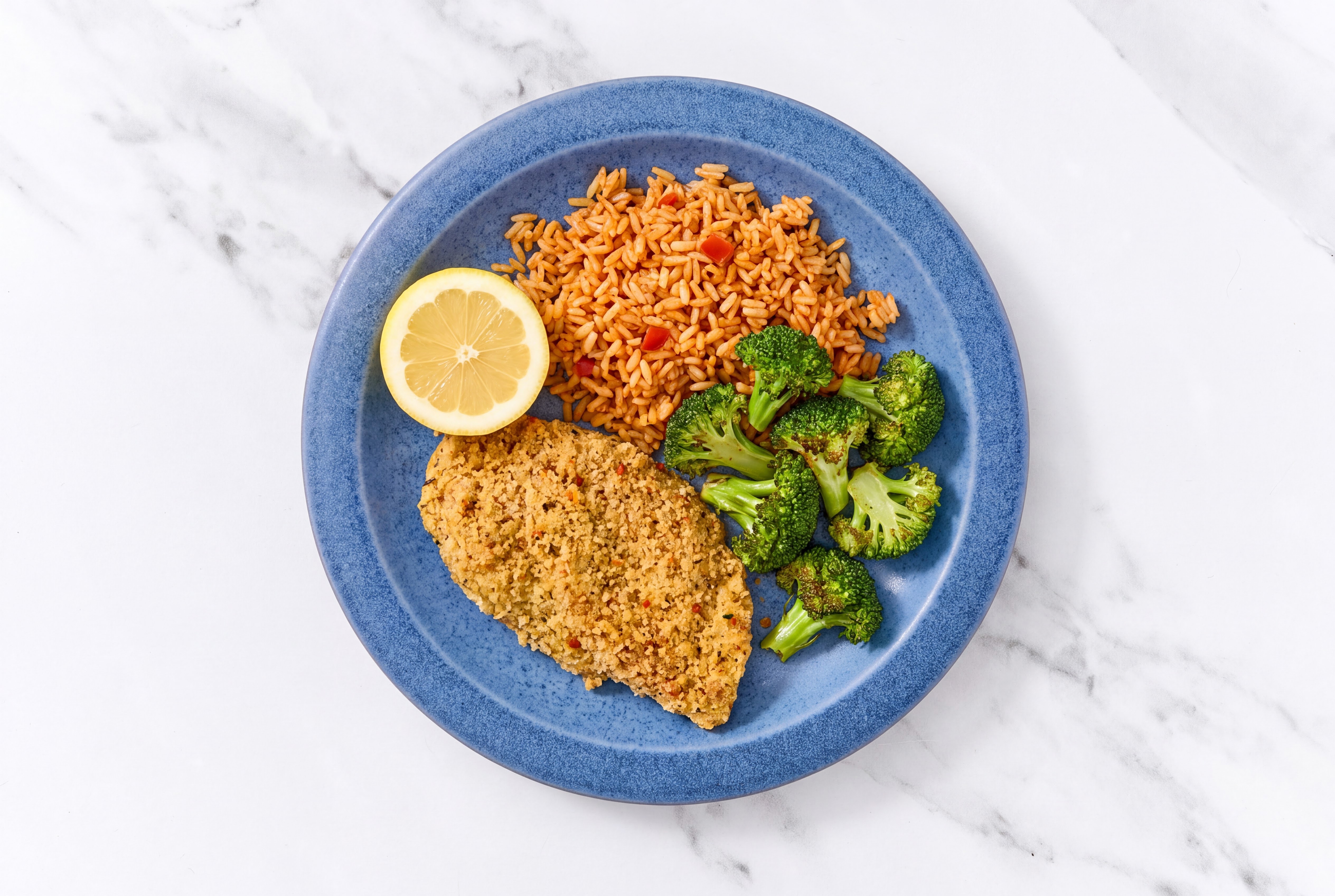 Lemon Parmesan Breaded Chicken Cutlet with Broccoli & Mexican Rice