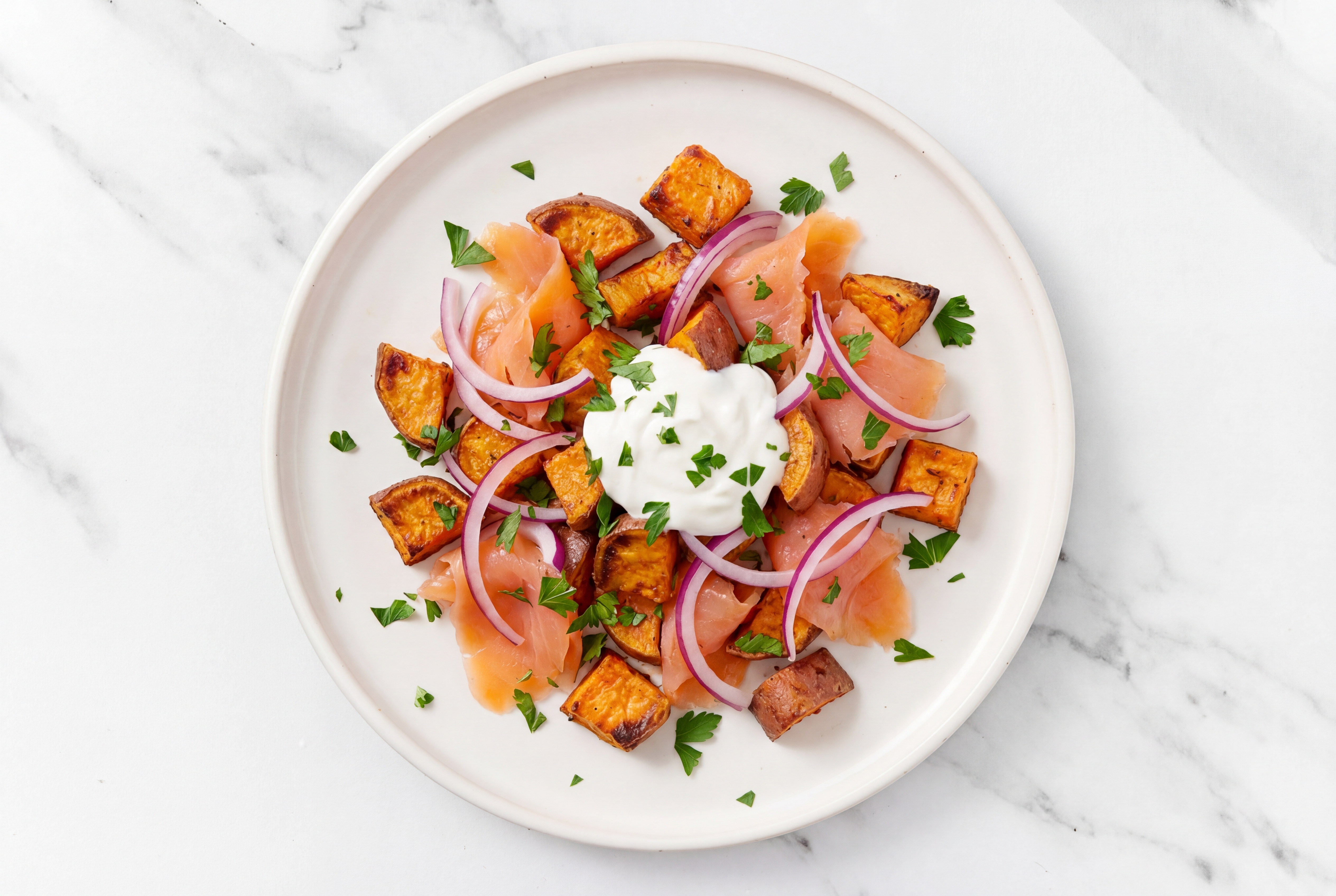 Herby Smoked Salmon Loaded Roast Sweet Potatoes