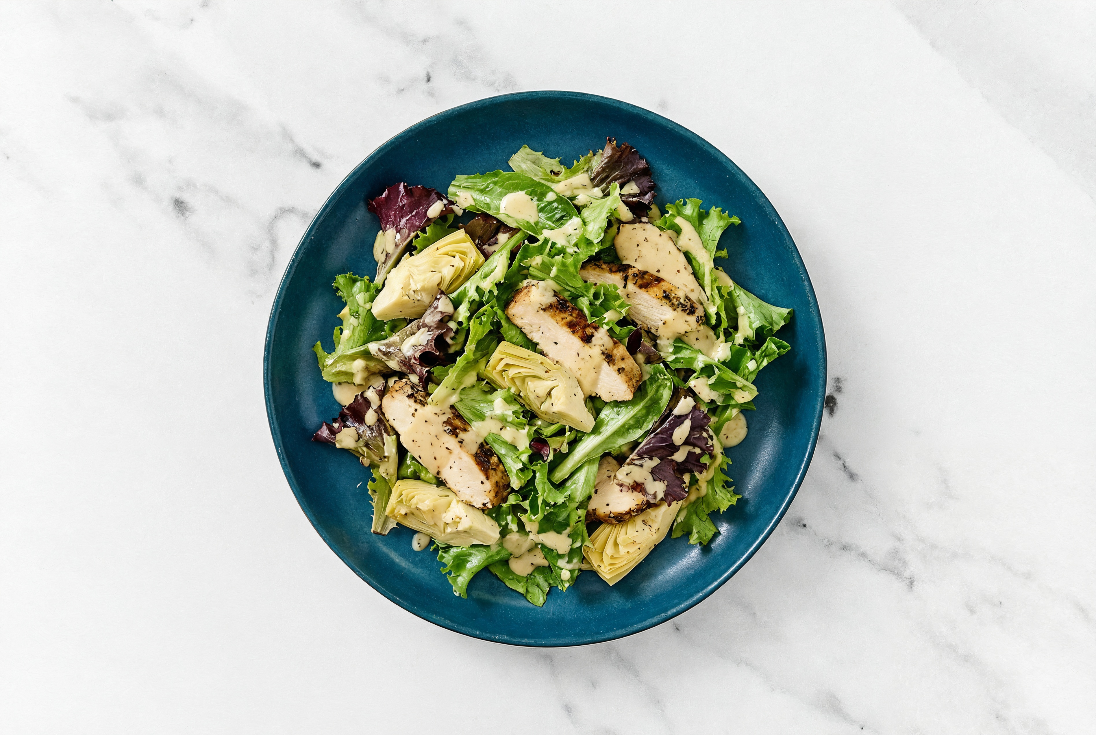 Sweet Spring Mix Mediterranean Grilled Chicken Breast Salad with Marinated Artichoke Hearts + Vegan Caesar Dressing