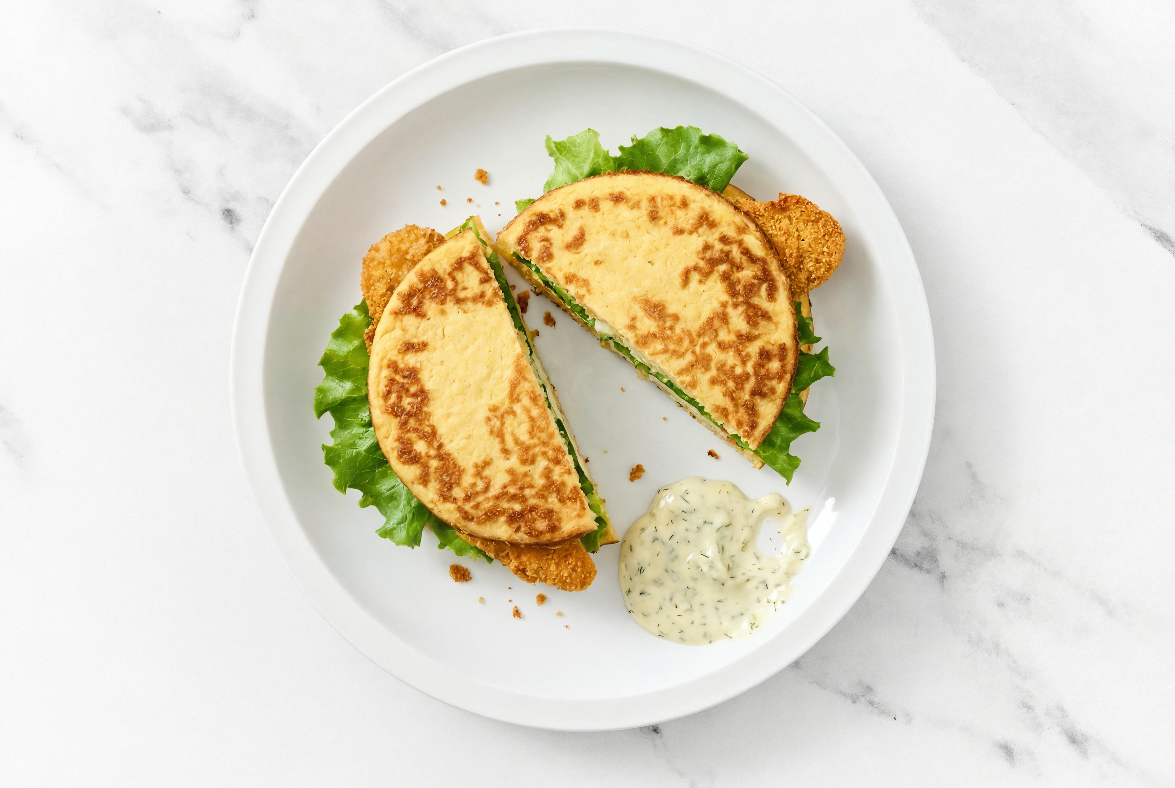 Dill Pickle "Chicken" Tenders Sandwich with Green Leaf Lettuce on Cauliflower Rounds