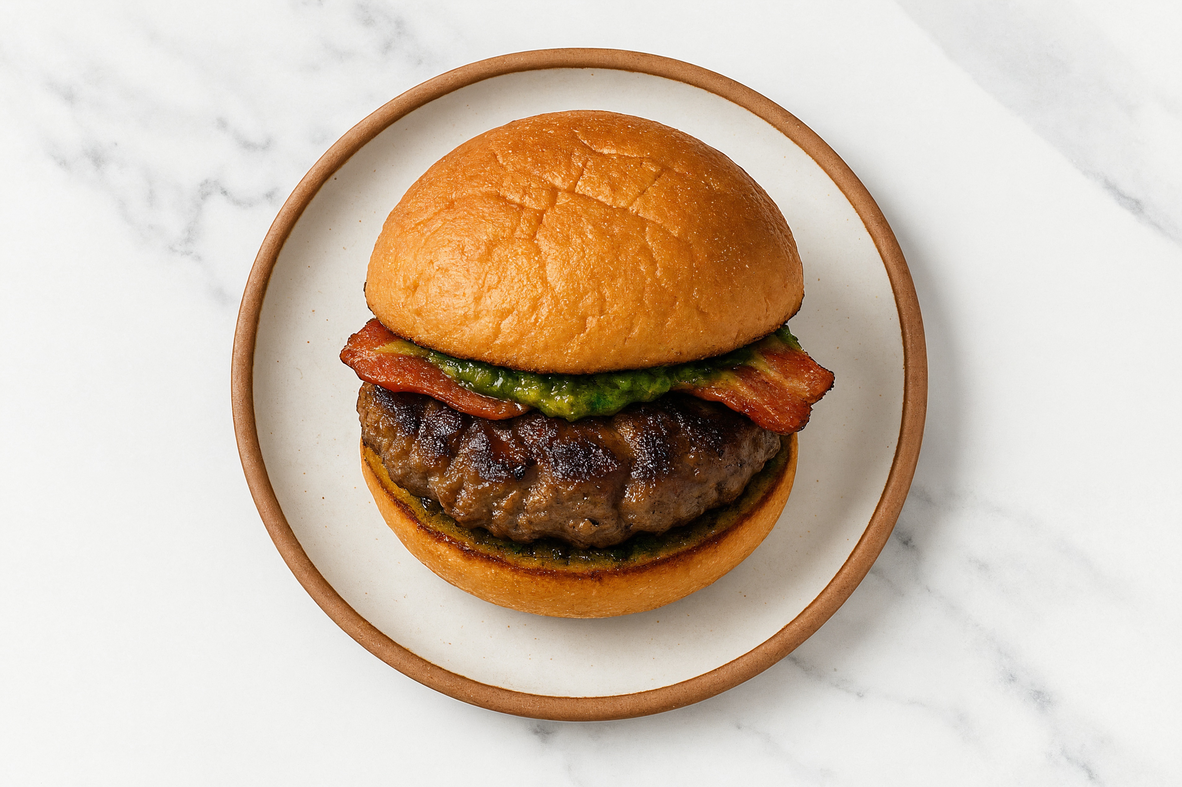 Bison Burger on Gluten-Free Bun with Pesto & Applewood Smoked Pork Bacon
