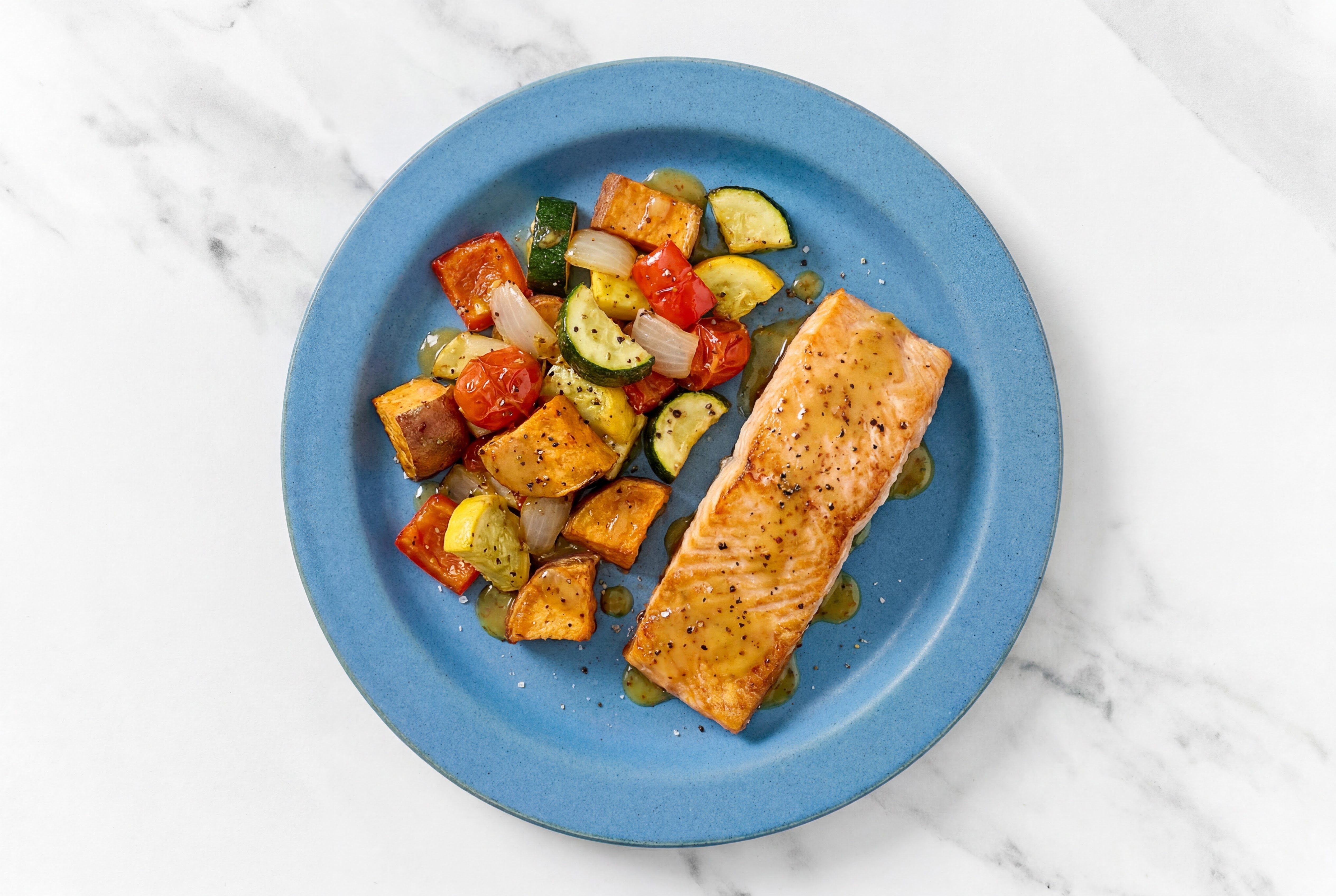 Sheet Pan Honey Mustard-Salmon with Sweet Potatoes & Squash