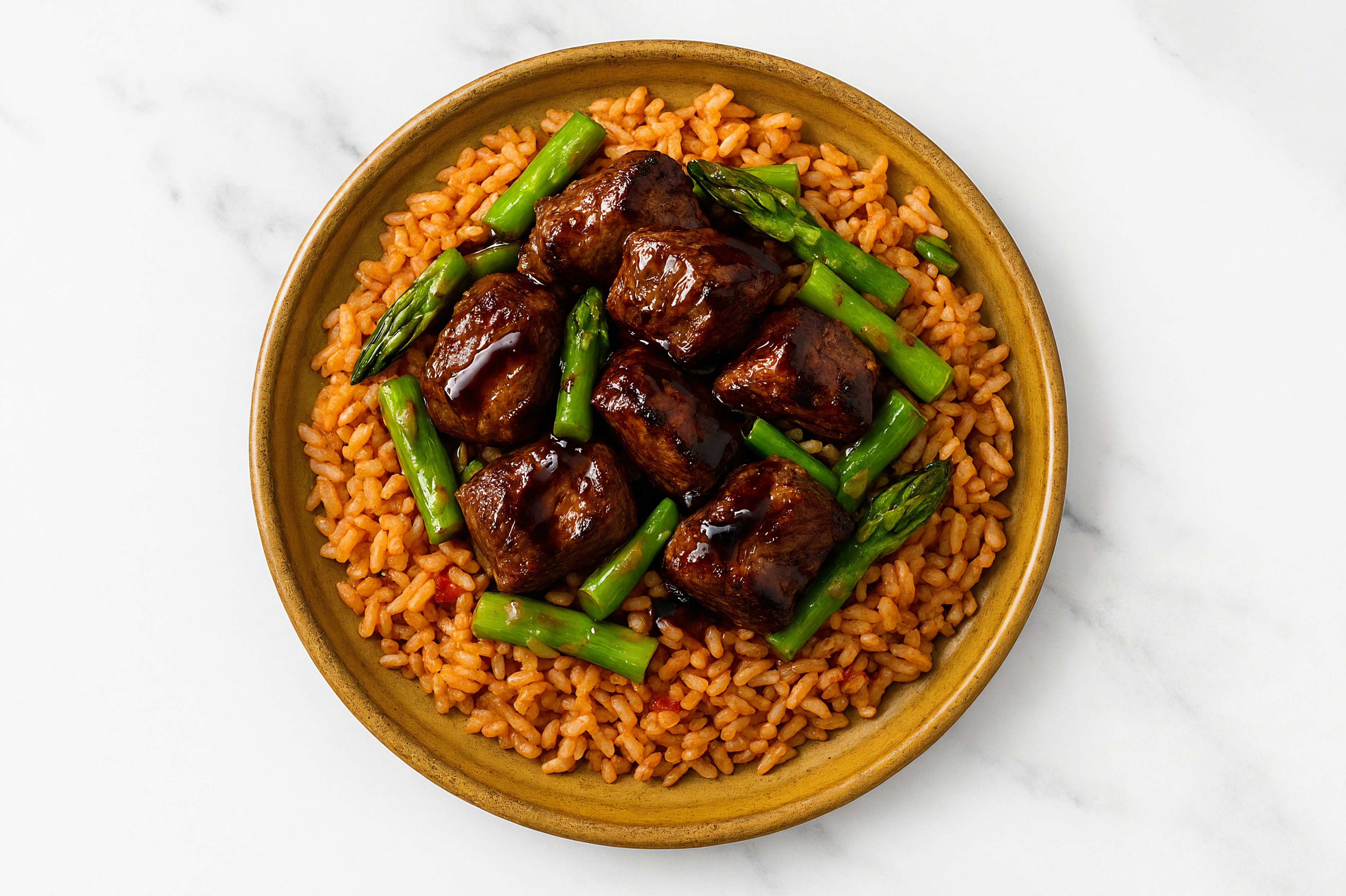 Sweet Teriyaki Seared Lamb + Brown Rice Bowl with Baby Asparagus