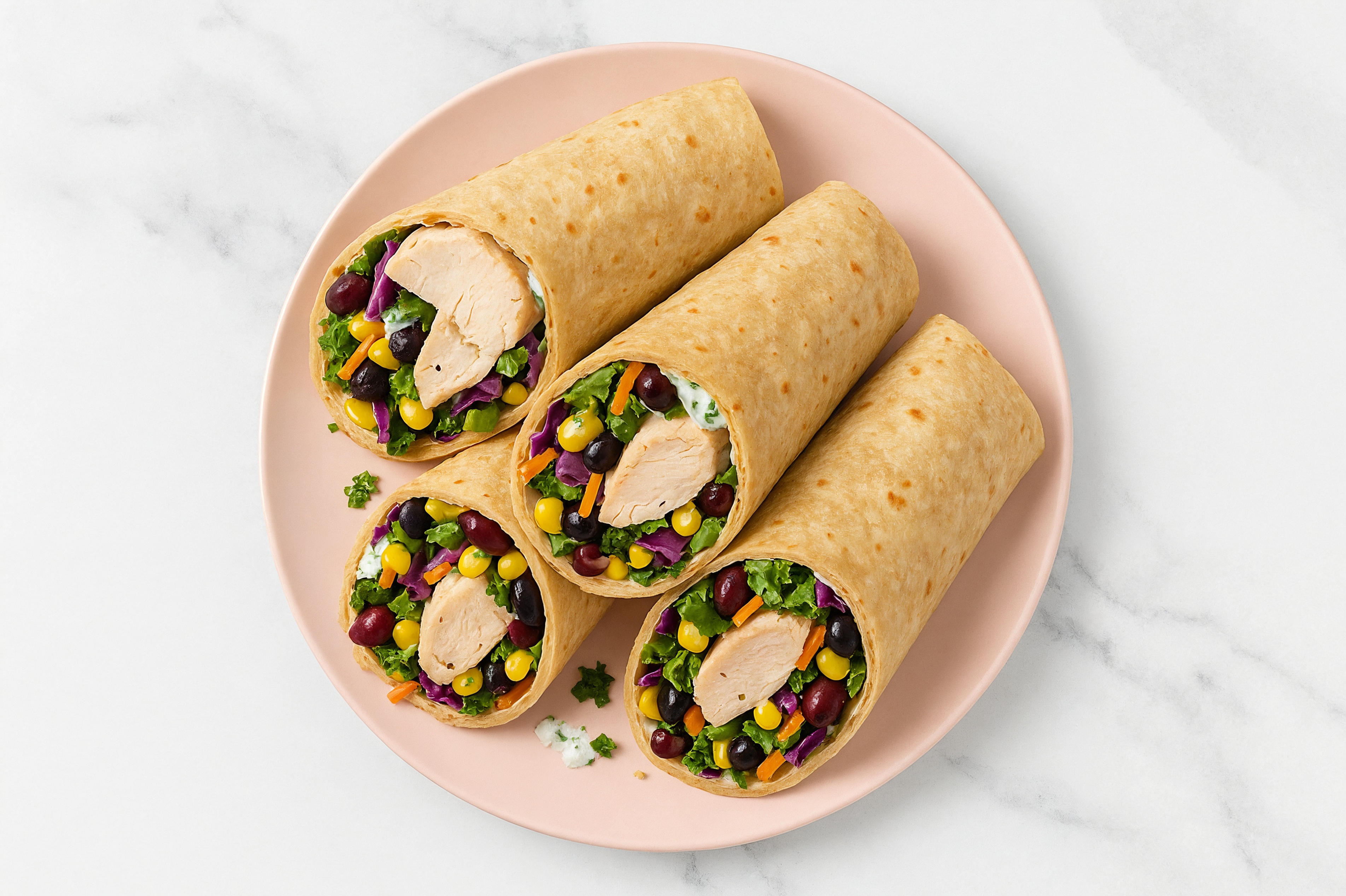 Creamy Roasted Chicken + Cucumber Tortilla Wraps with Rainbow Veggies