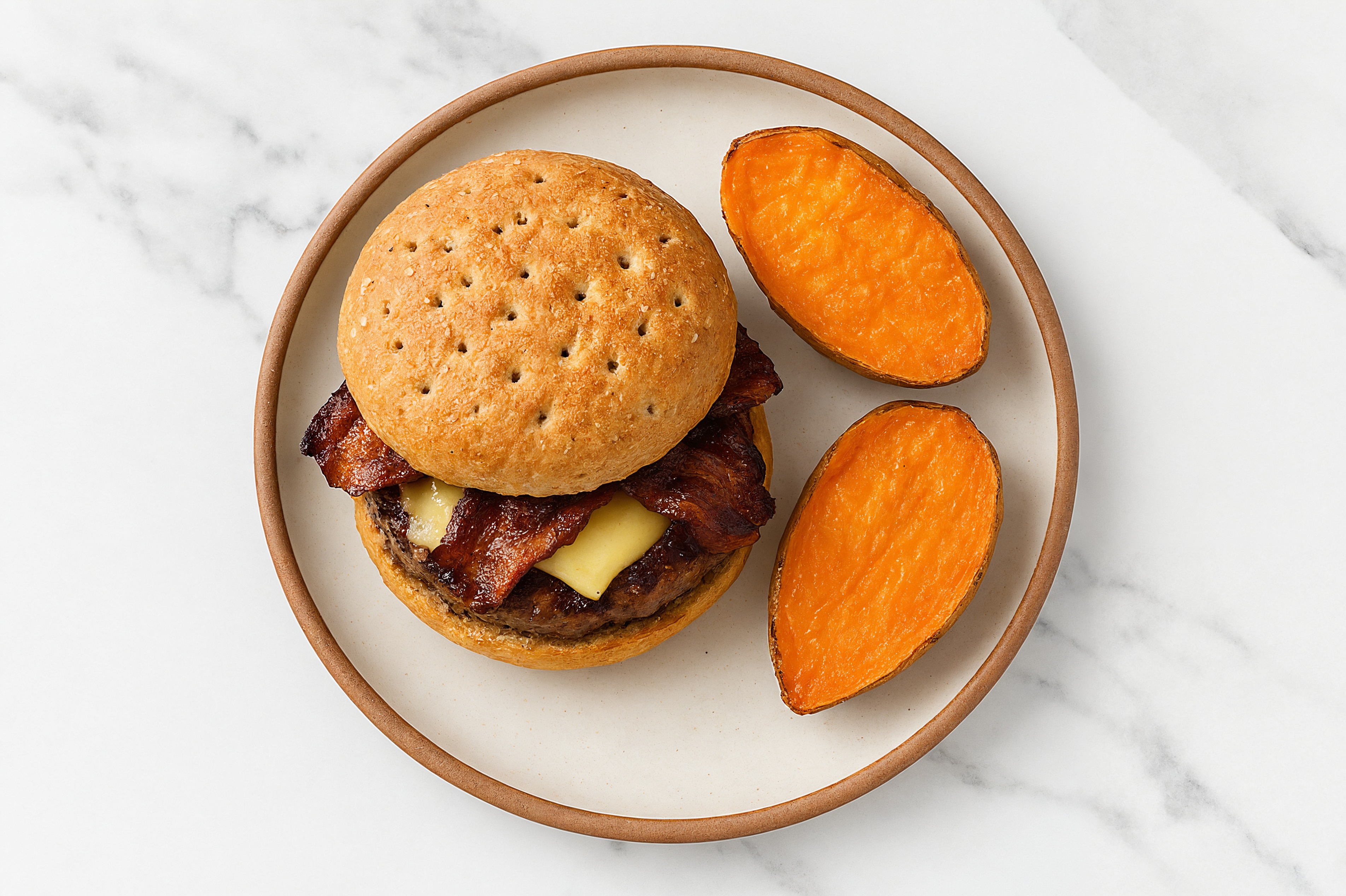  MyBacon Cheeseburger with Baked Sweet Potato with Ground Beef Patties