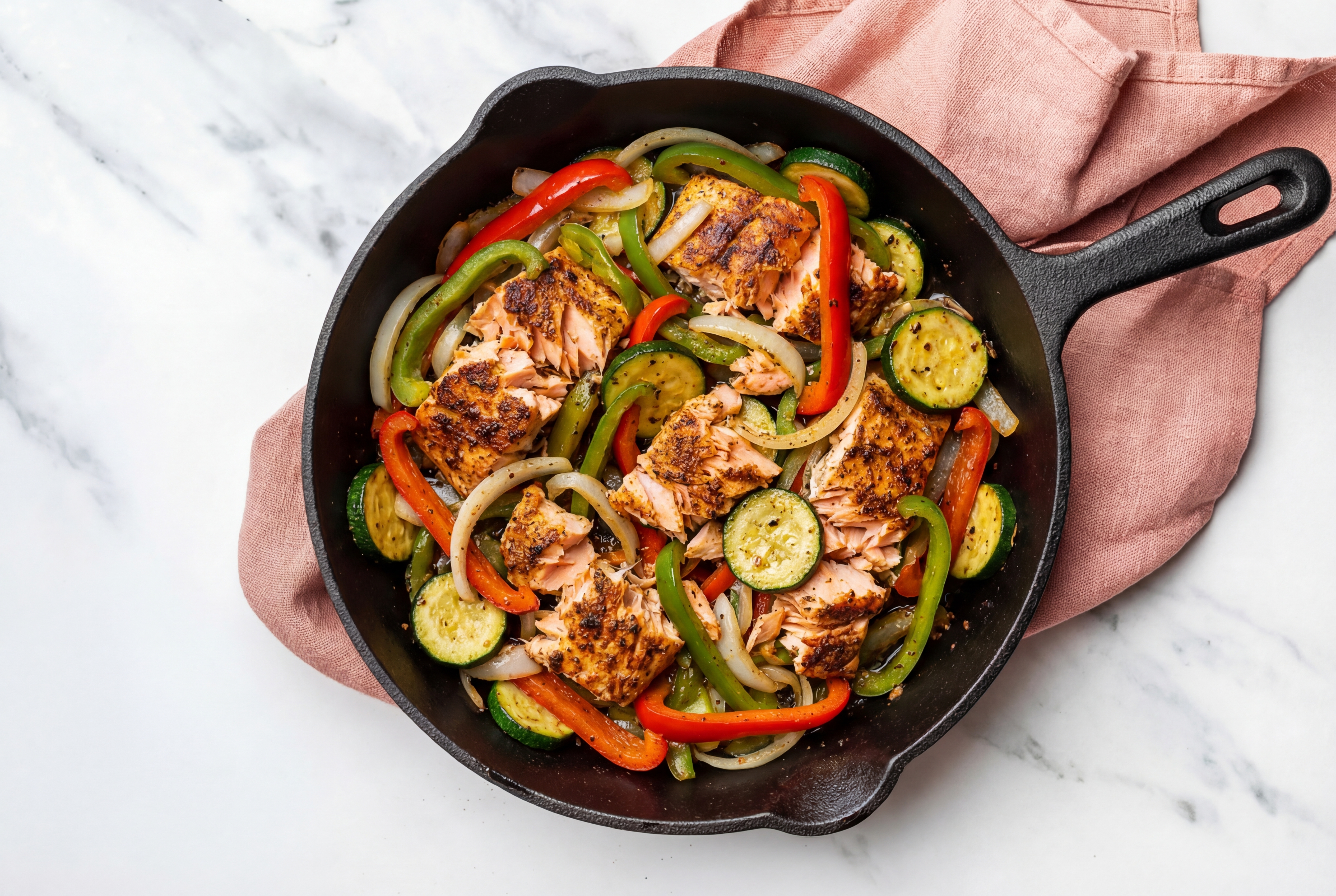 Hearty Blackened Salmon with Zucchini + Peppers