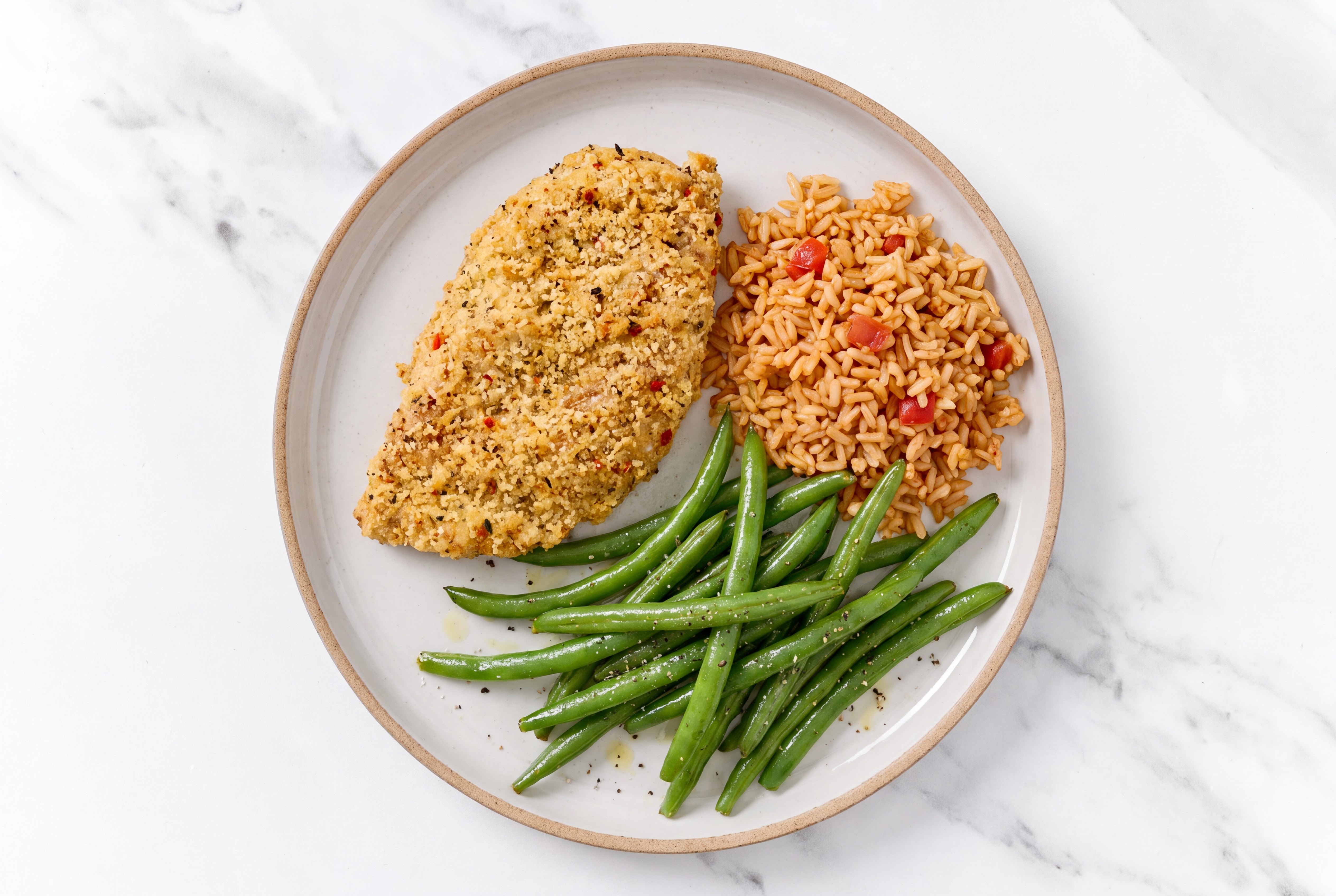 Lemon Parmesan Breaded Chicken Cutlet with Green Beans & Mexican Rice