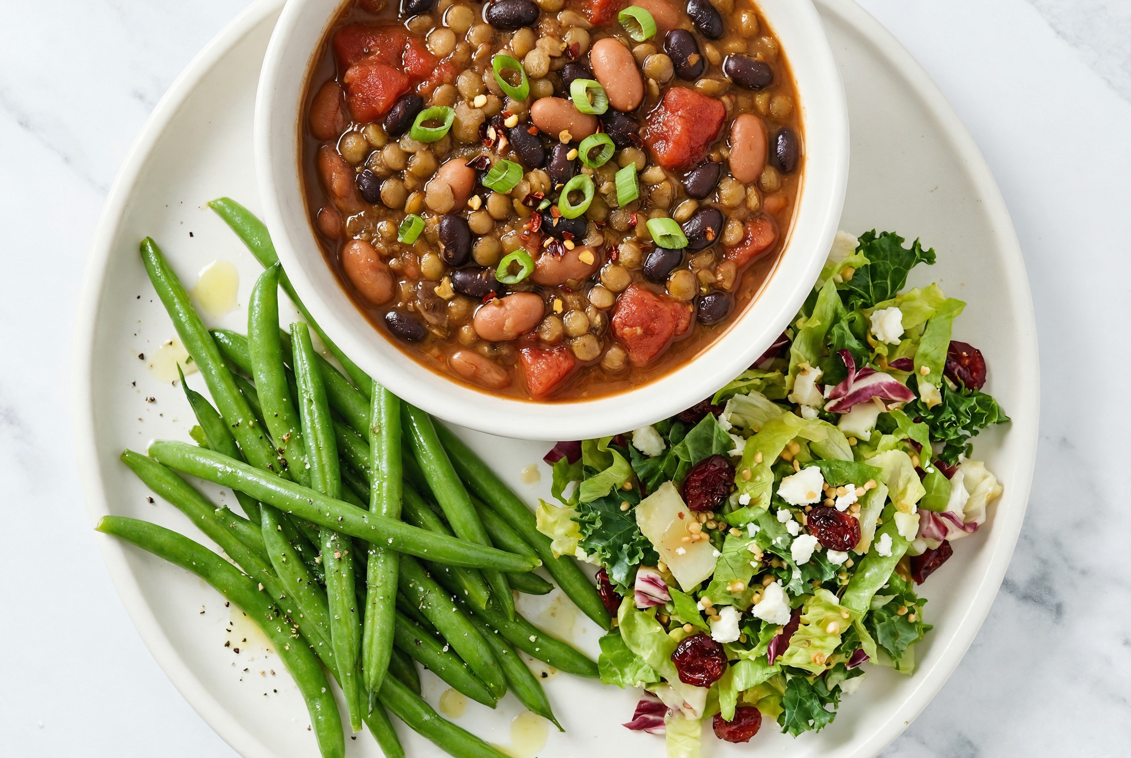 Homestyle Lentil Chili with Green Beans + Chopped Salad