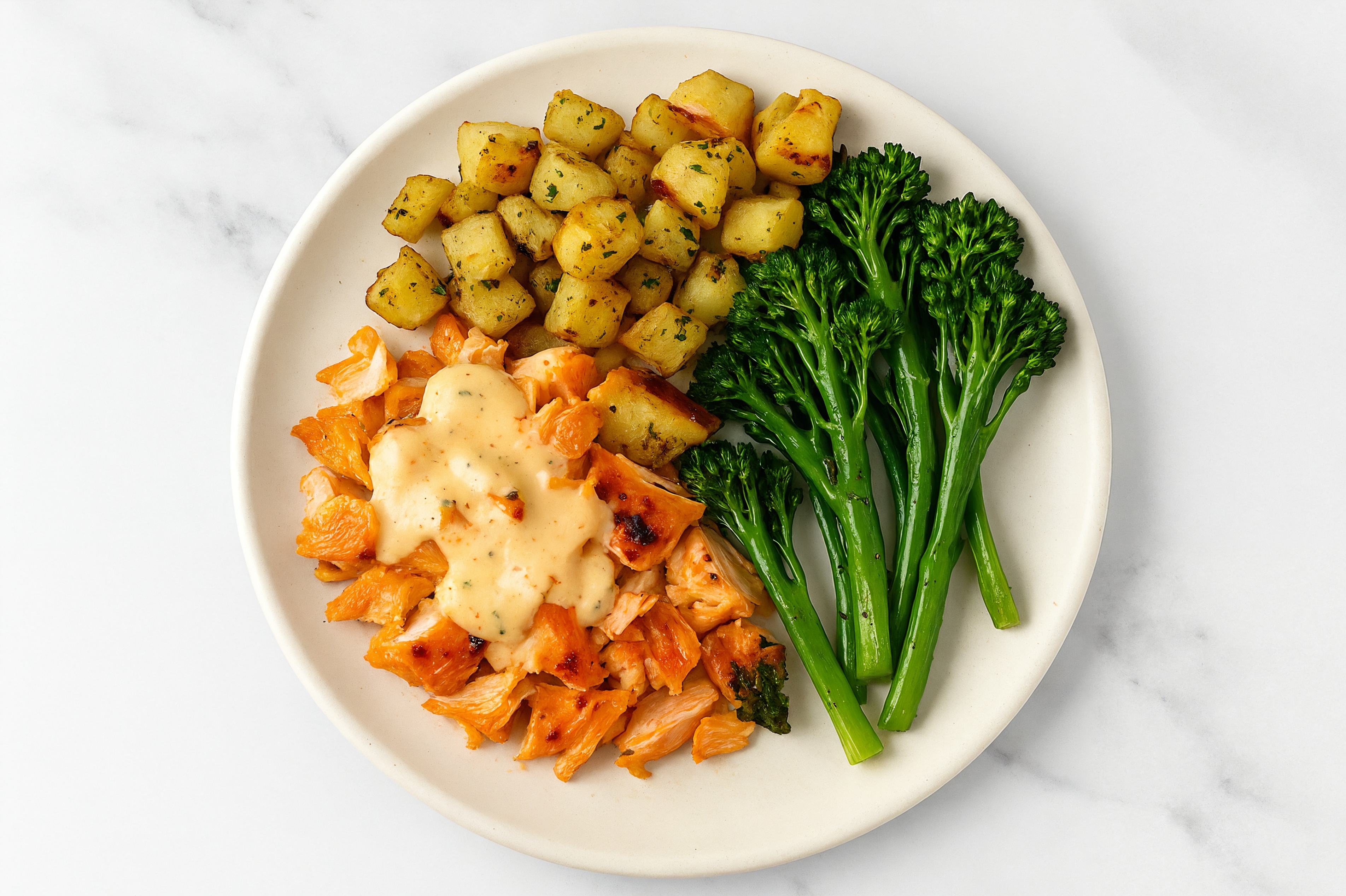 Creamy Buffalo Ranch Smoked Salmon + Potatoes with Baby Broccoli