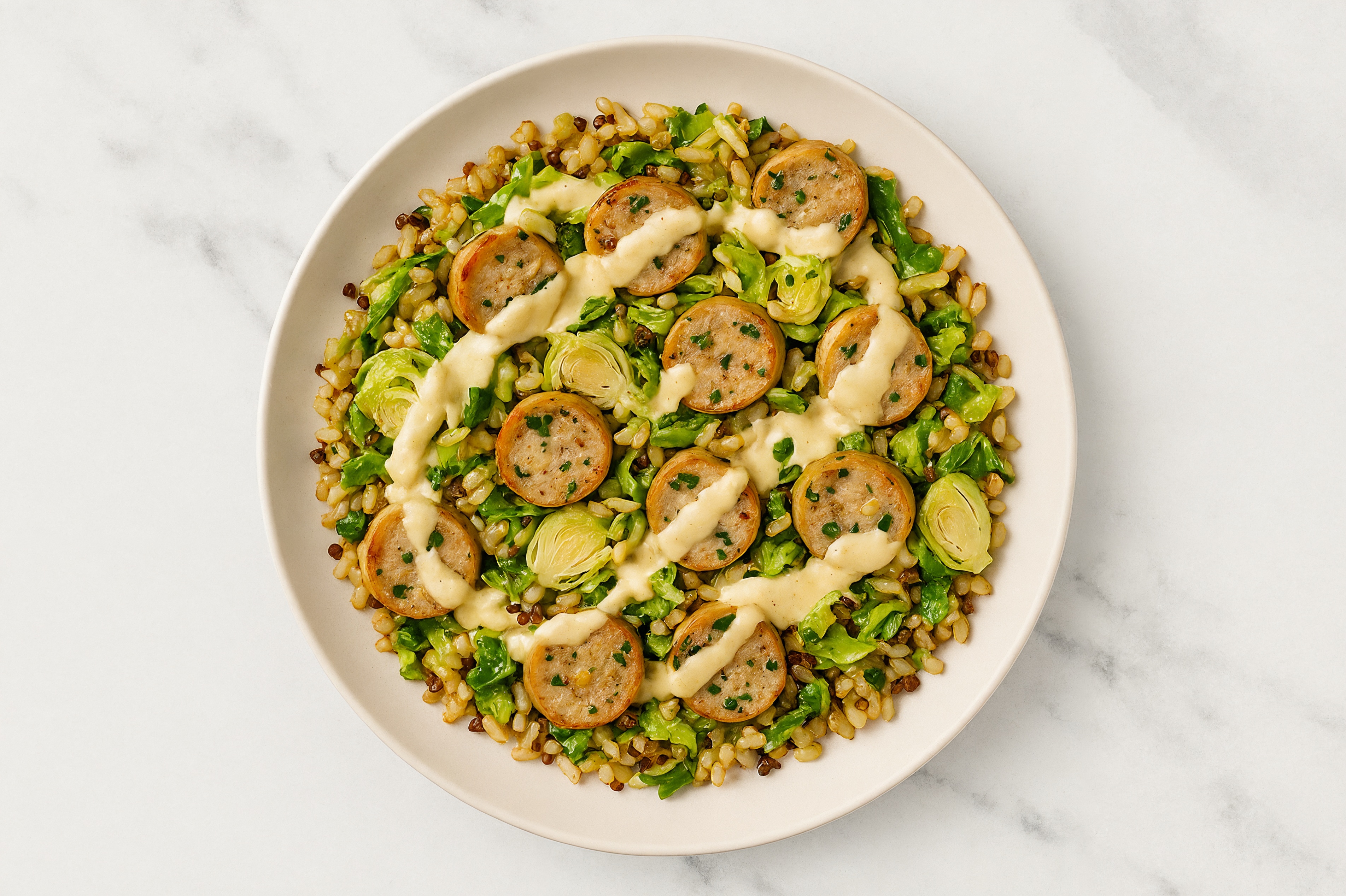 Creamy Garlic Chicken Sausage + Brussels Bowl