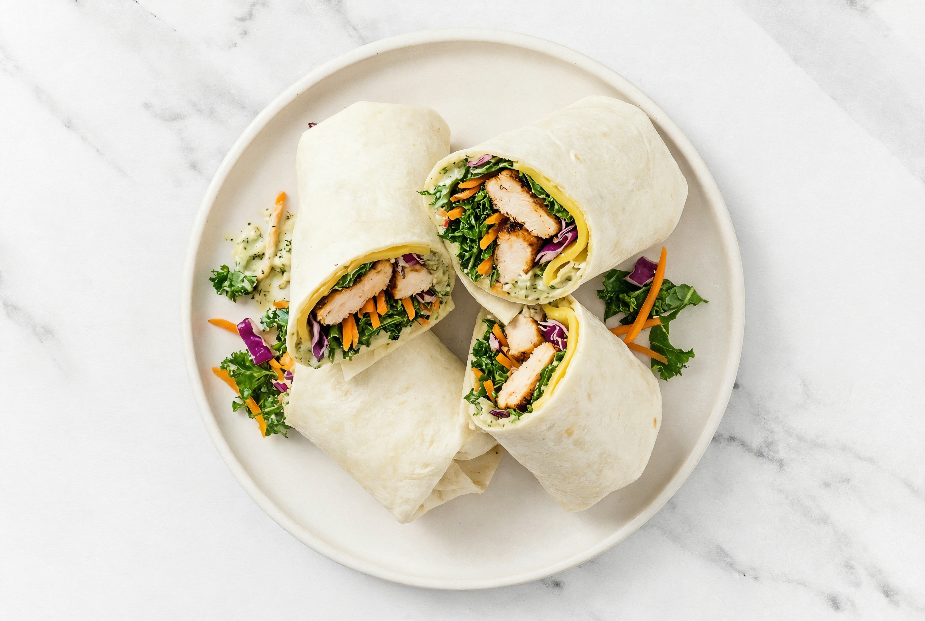 Jalapeño Blackened Chicken + Vegan Cheddar Wraps with Rainbow Veggies
