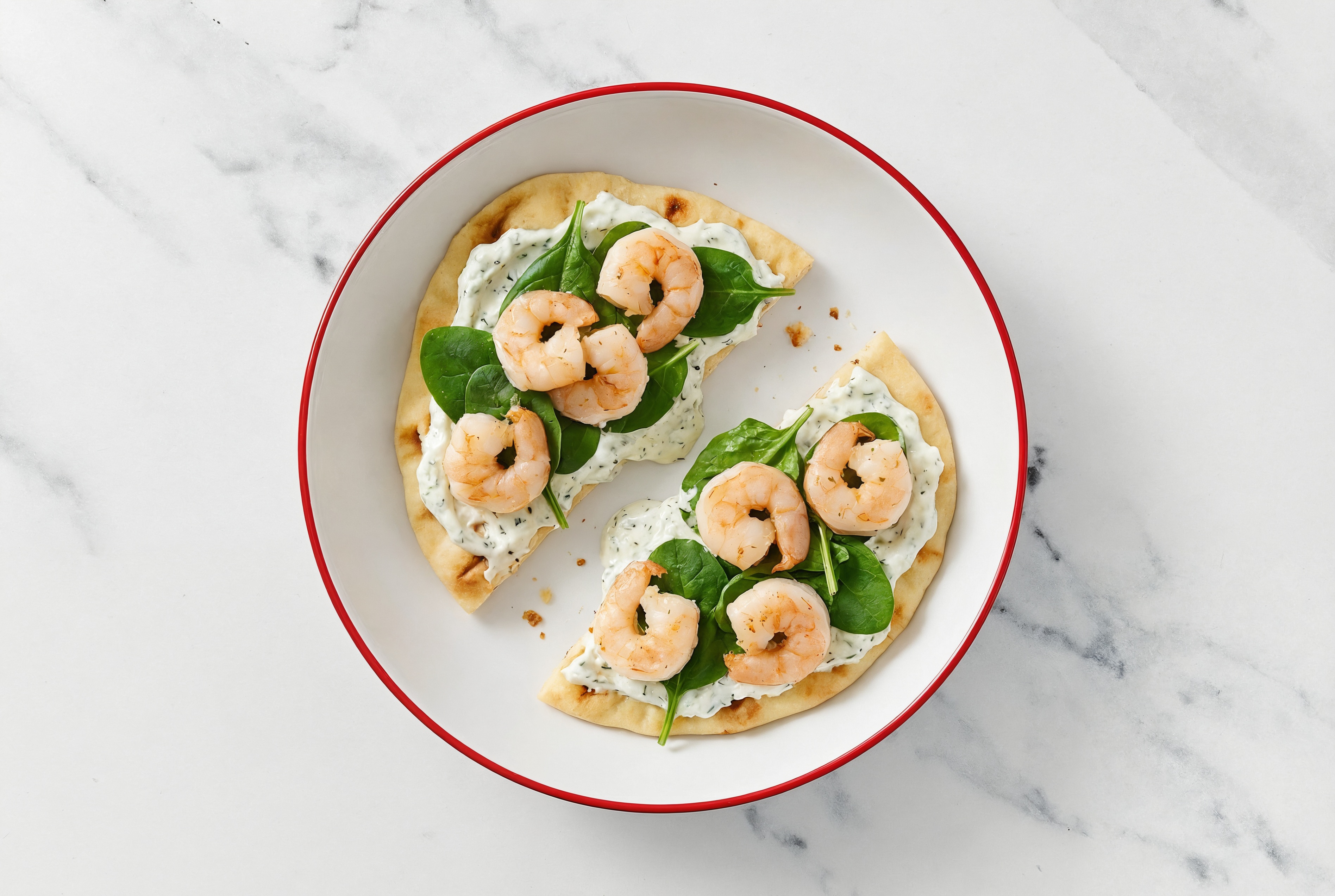 Mediterranean Inspired Jumbo Shrimp Flatbread with Feta Cucumber Tzatziki Dip