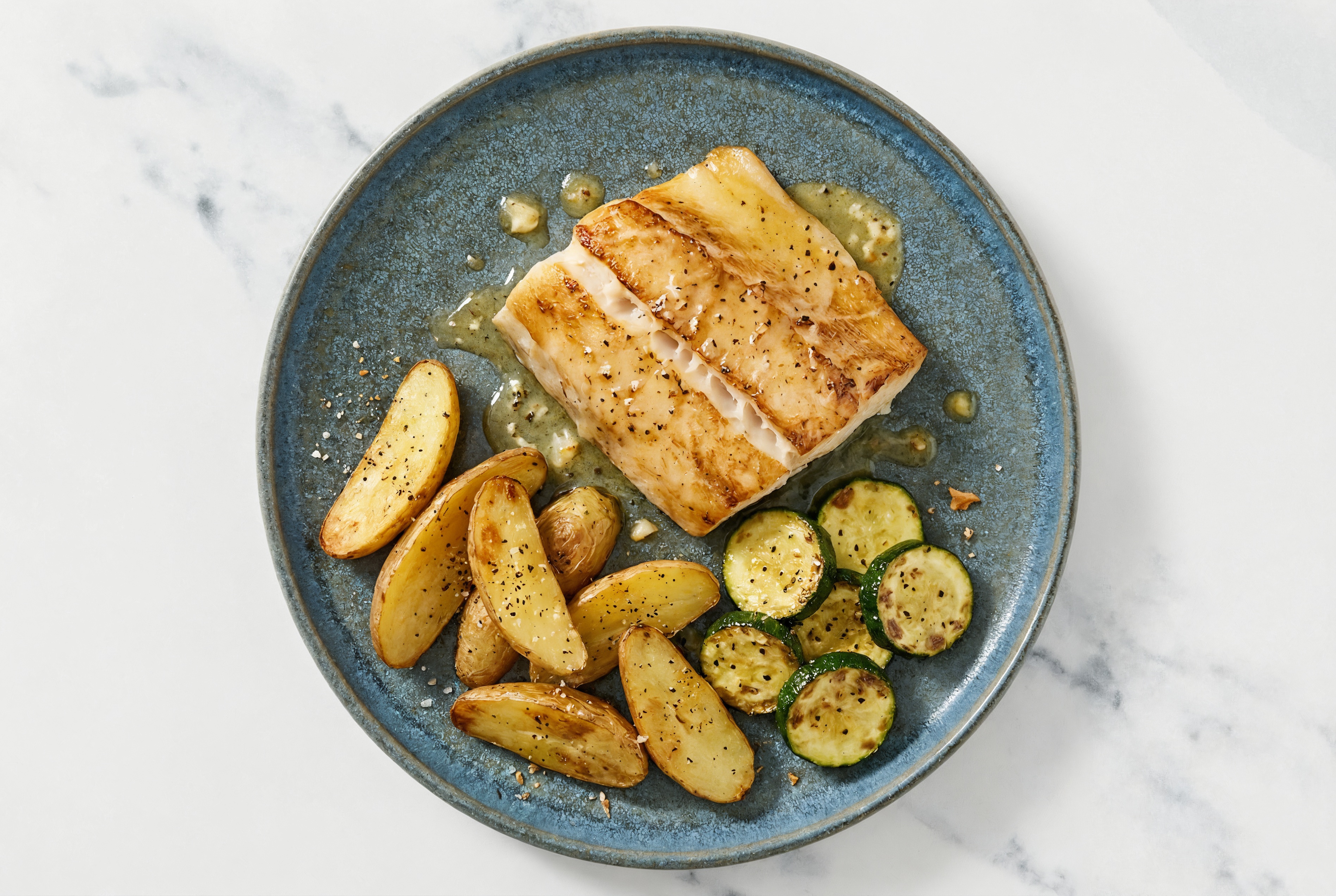 Lemon-Butter Barramundi with Fingerling Potatoes & Zucchini