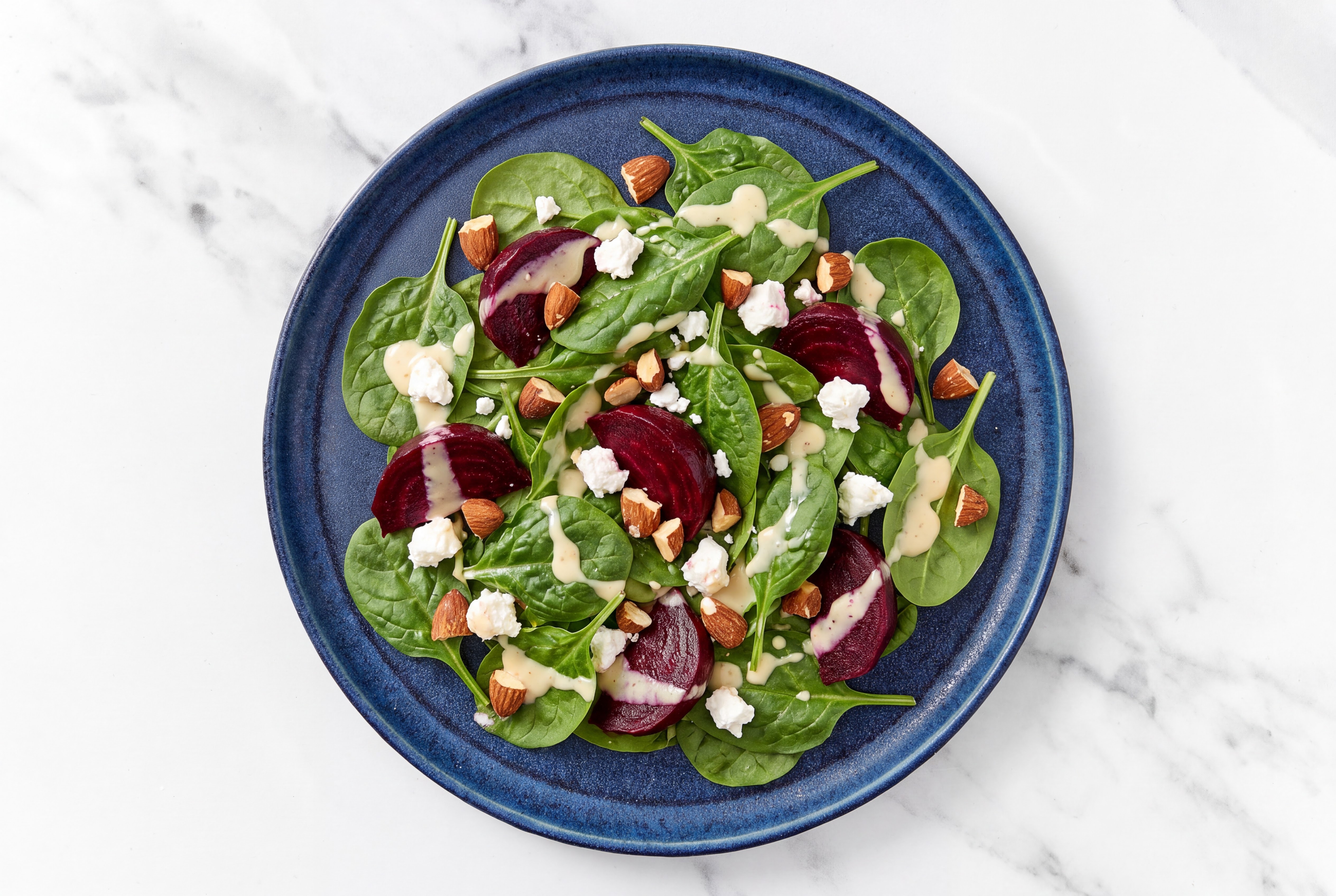 Beet + Feta Organic Spinach Salad with Miso Caesar Dressing & Drizzle