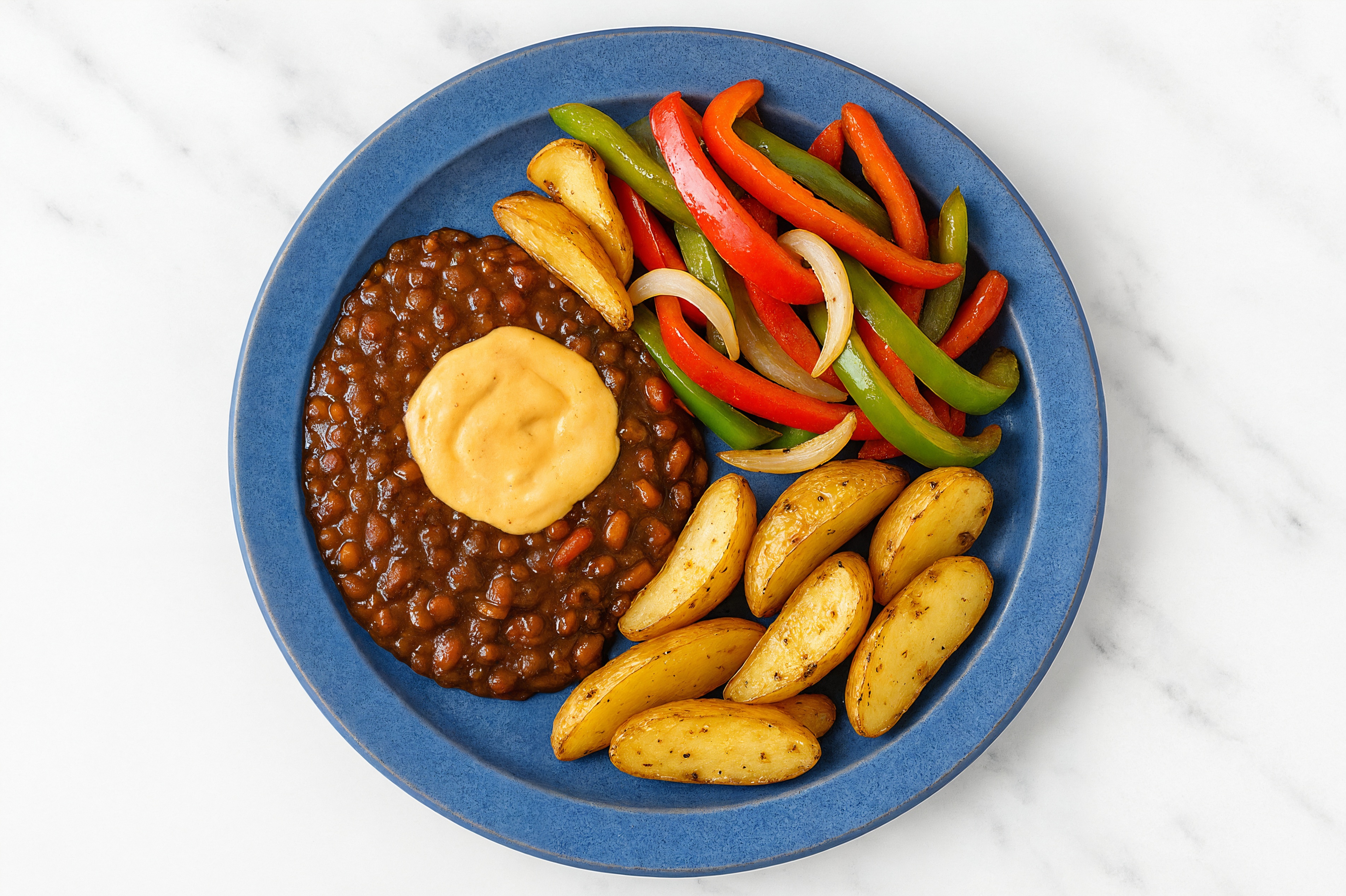 Roasted Fingerling Potatoes, Bell Peppers + Black Lentils with Awesome Sauce Vegan Plate