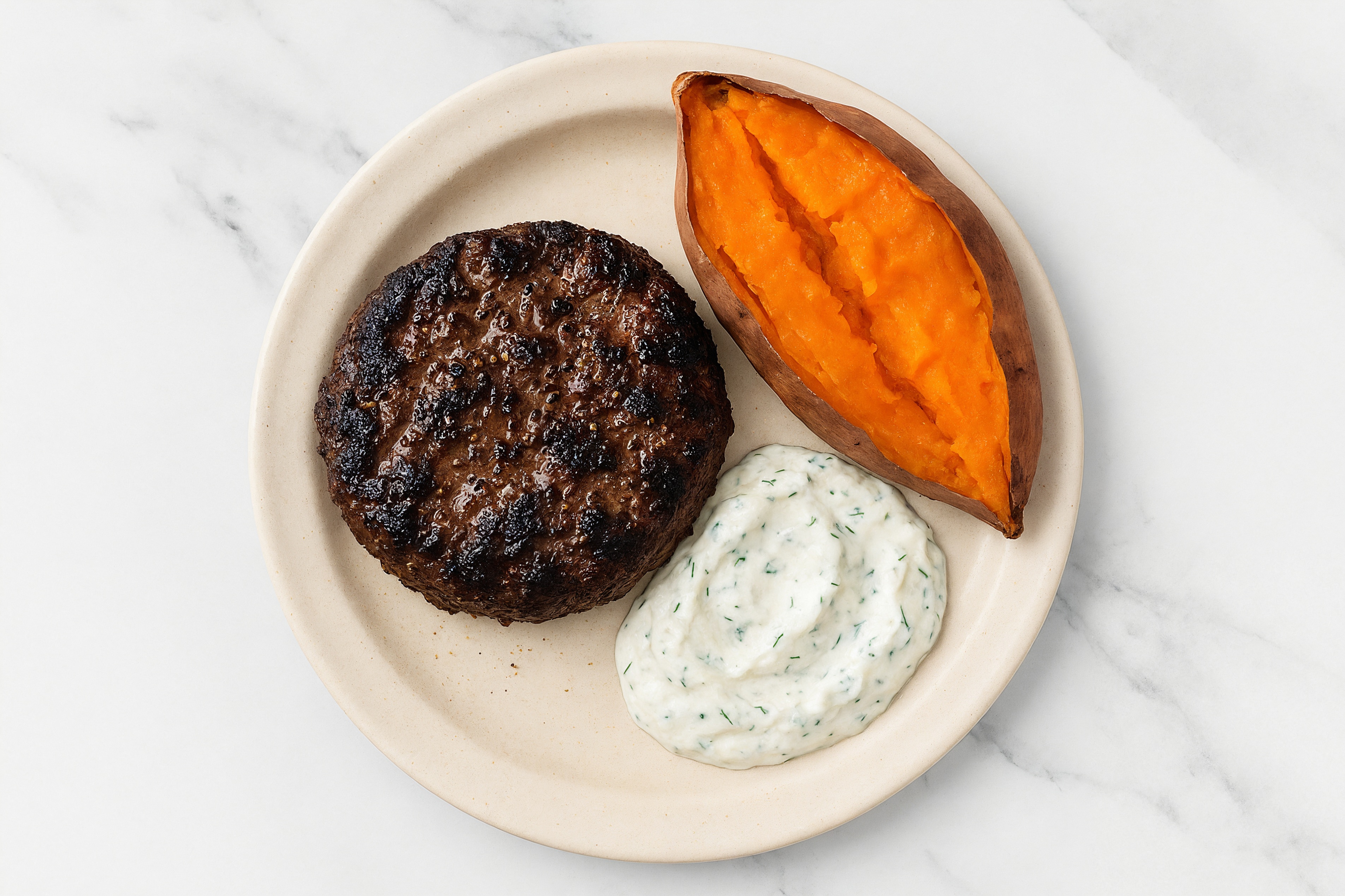 Tzatziki Wagyu Patties with Sweet Potato