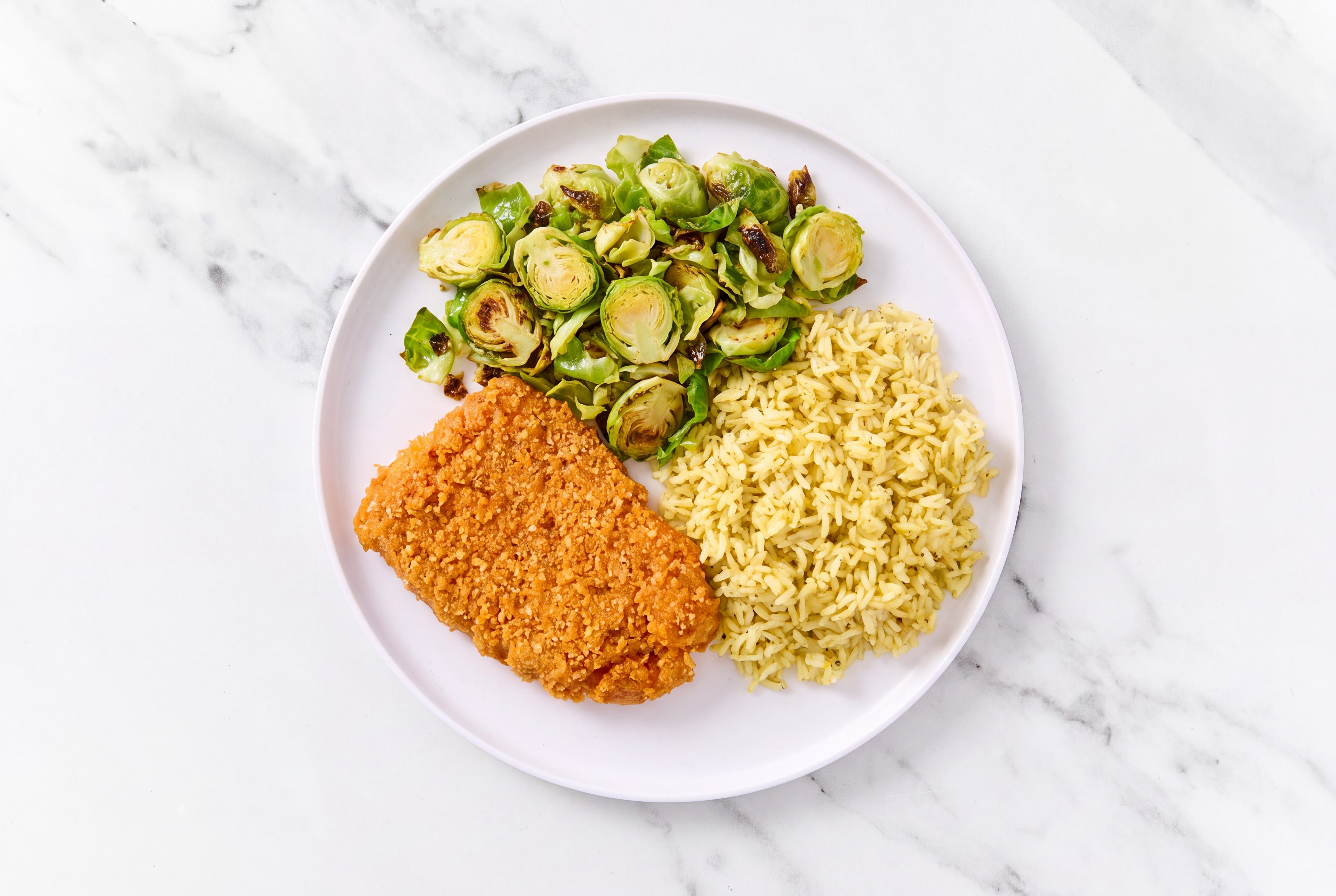 Hot Honey Breaded Chicken Cutlet with Brussels Sprouts & Jasmine Rice