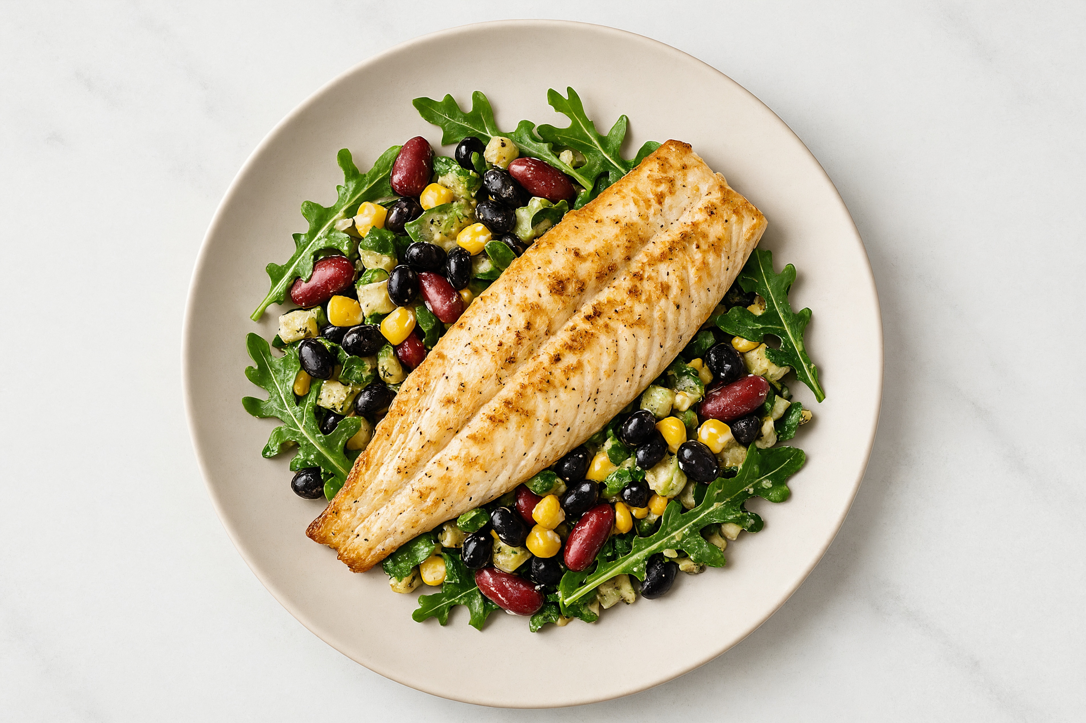 Arugula Salad with Trout, Beans & Creamy Caesar Dressing