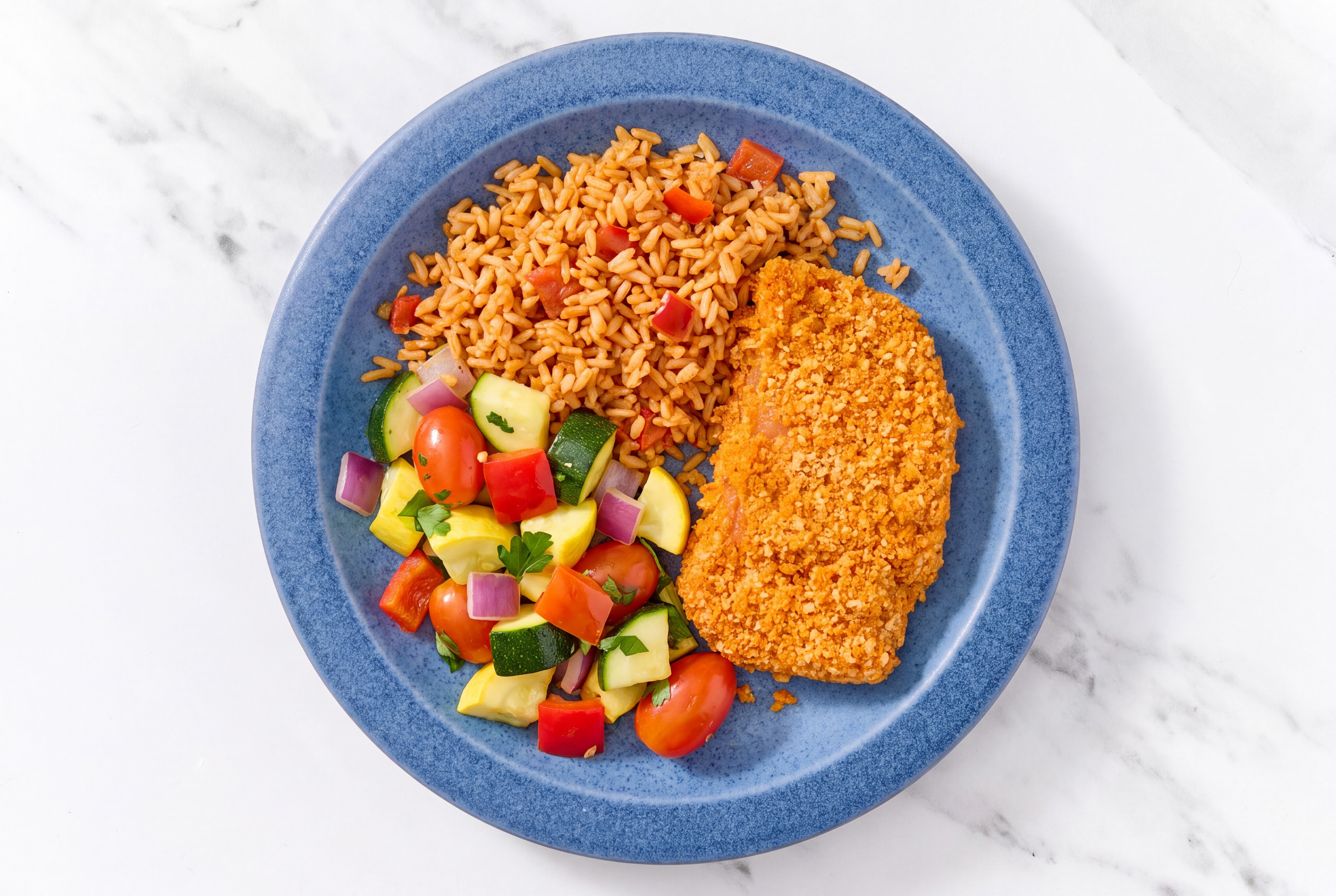 Hot Honey Breaded Chicken Cutlet with Squash Skillet & Mexican Rice