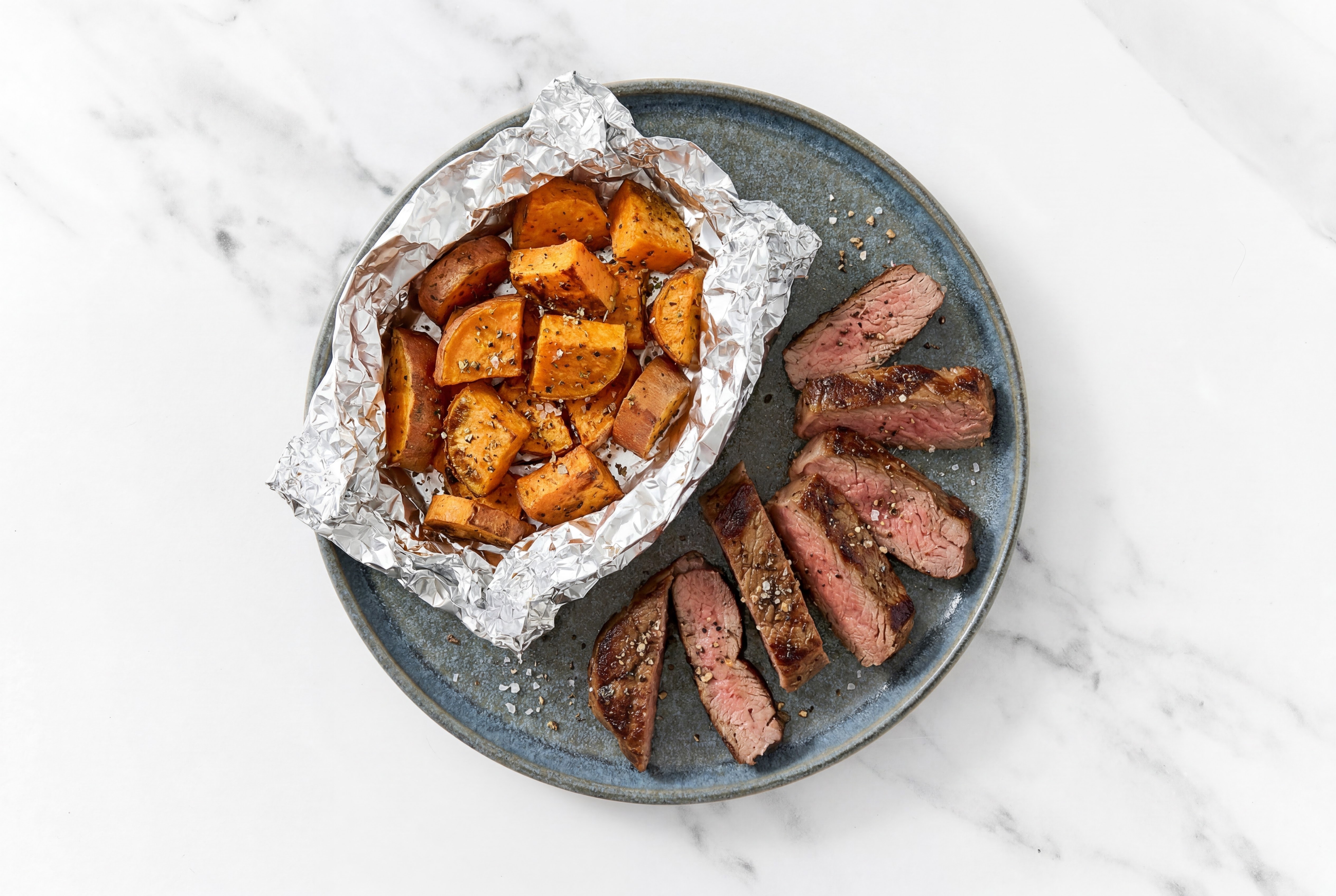 Seared Steak + Garlicky Sweet Potatoes