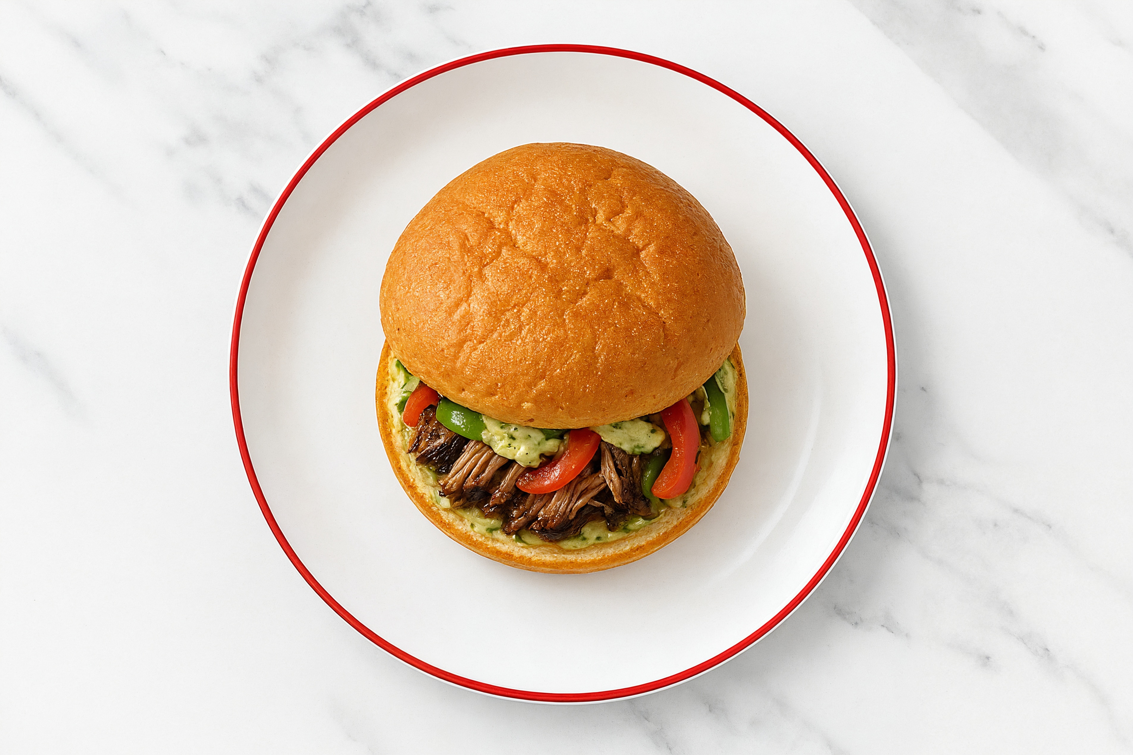 Creamy Artichoke Beef Short Rib Sandwich with Peppers + Onion on Gluten-Free Buns