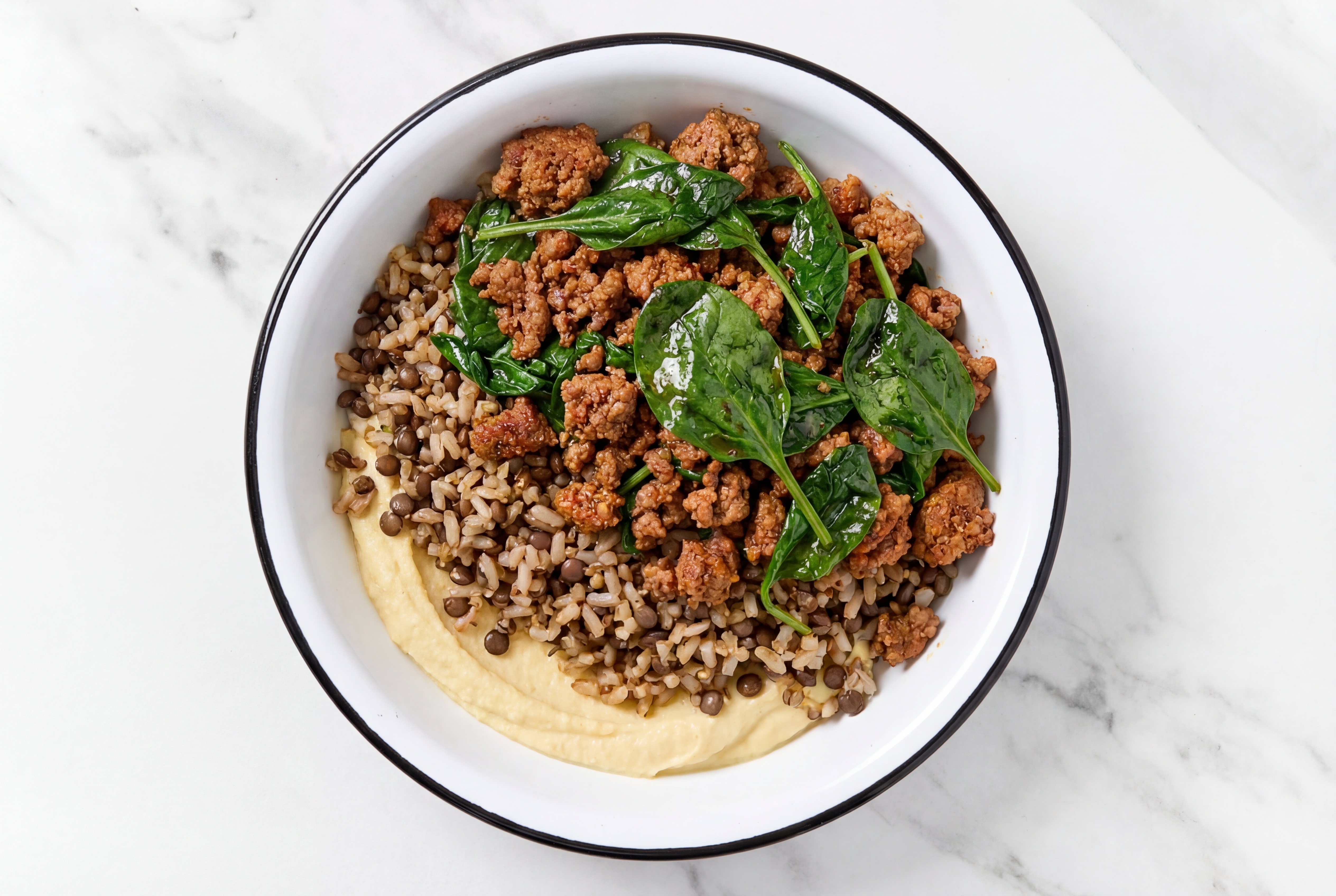 Ground Italian-Style Beef & Spinach Grain Bowl with Lemon Garlic Hummus