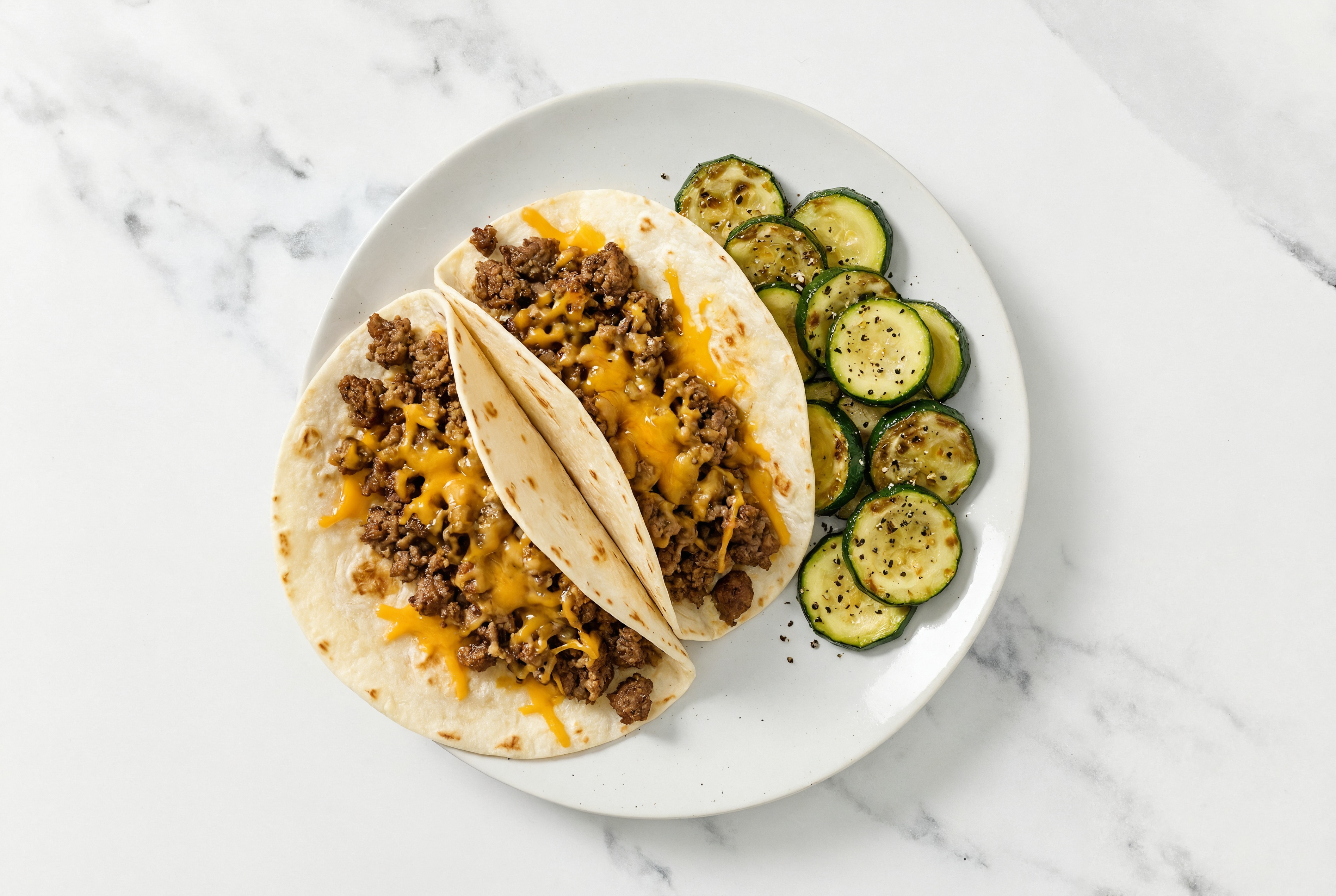 Vibrant Cheesy Ground Beef Tacos + Zucchini with Shredded Sharp Cheddar Cheese