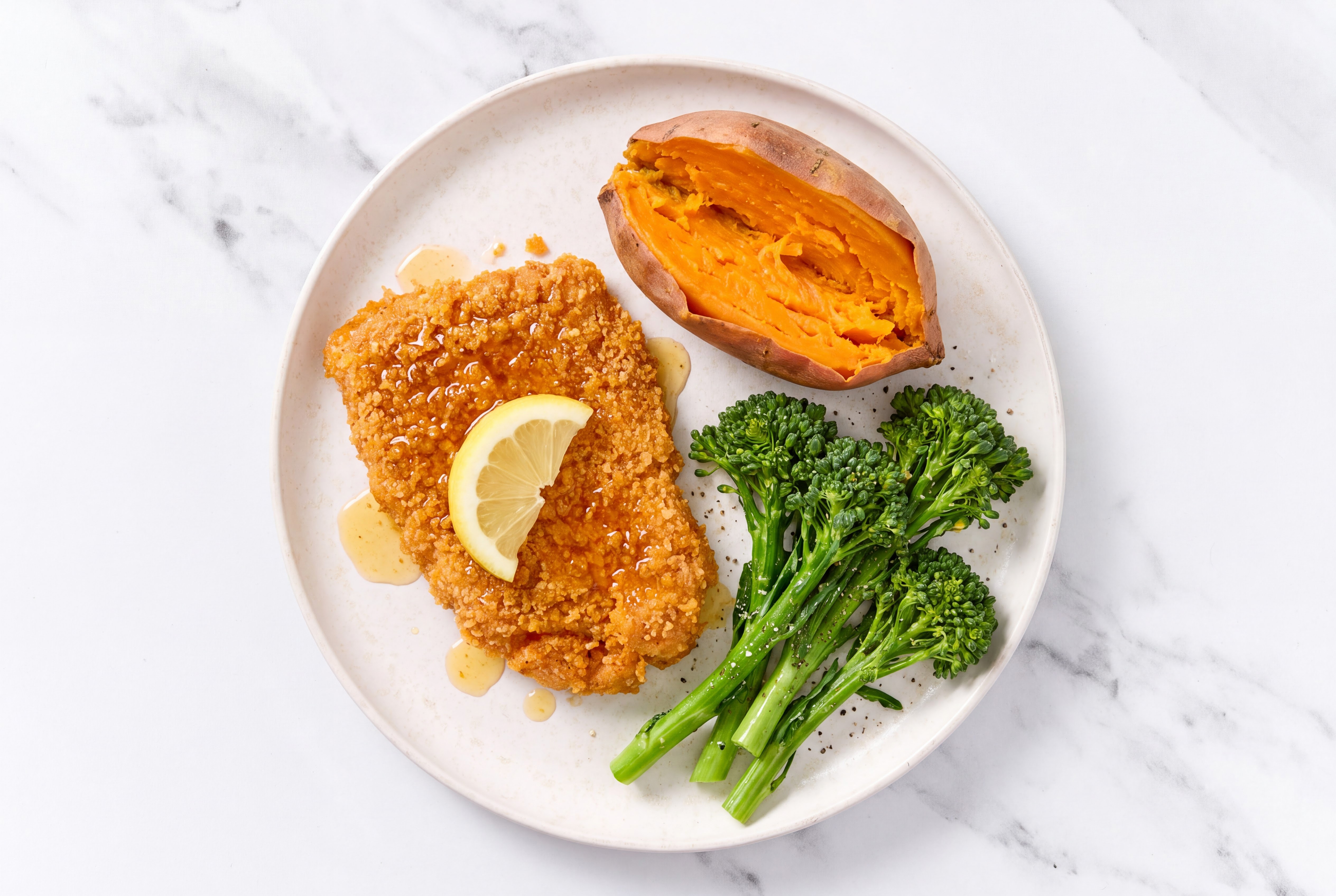 Lemon Hot Honey Breaded Chicken Cutlet with Baby Broccoli & Sweet Potato