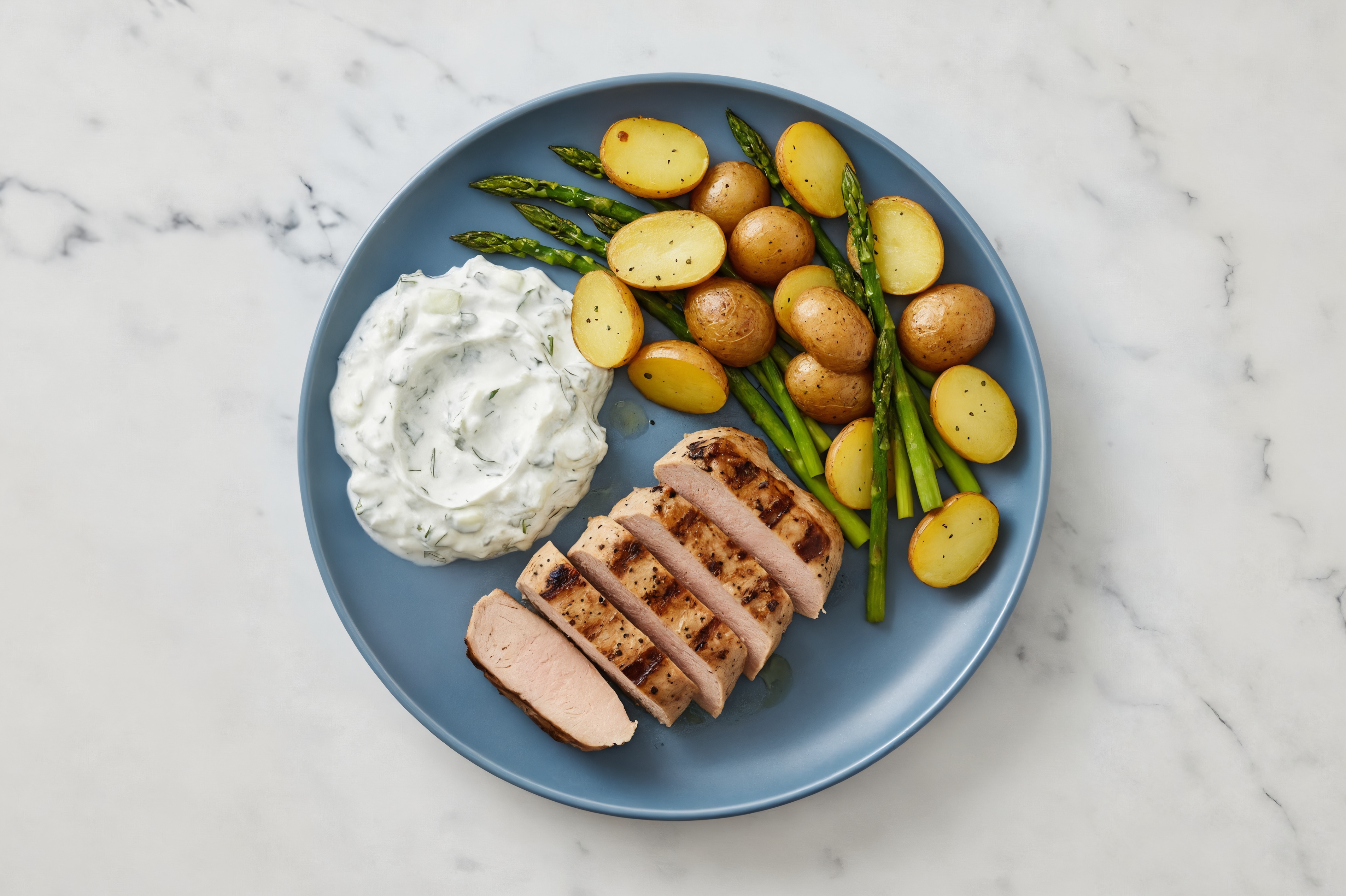 Grilled Pork Tenderloin + Asparagus Spears with Feta Cucumber Tzatziki Dip