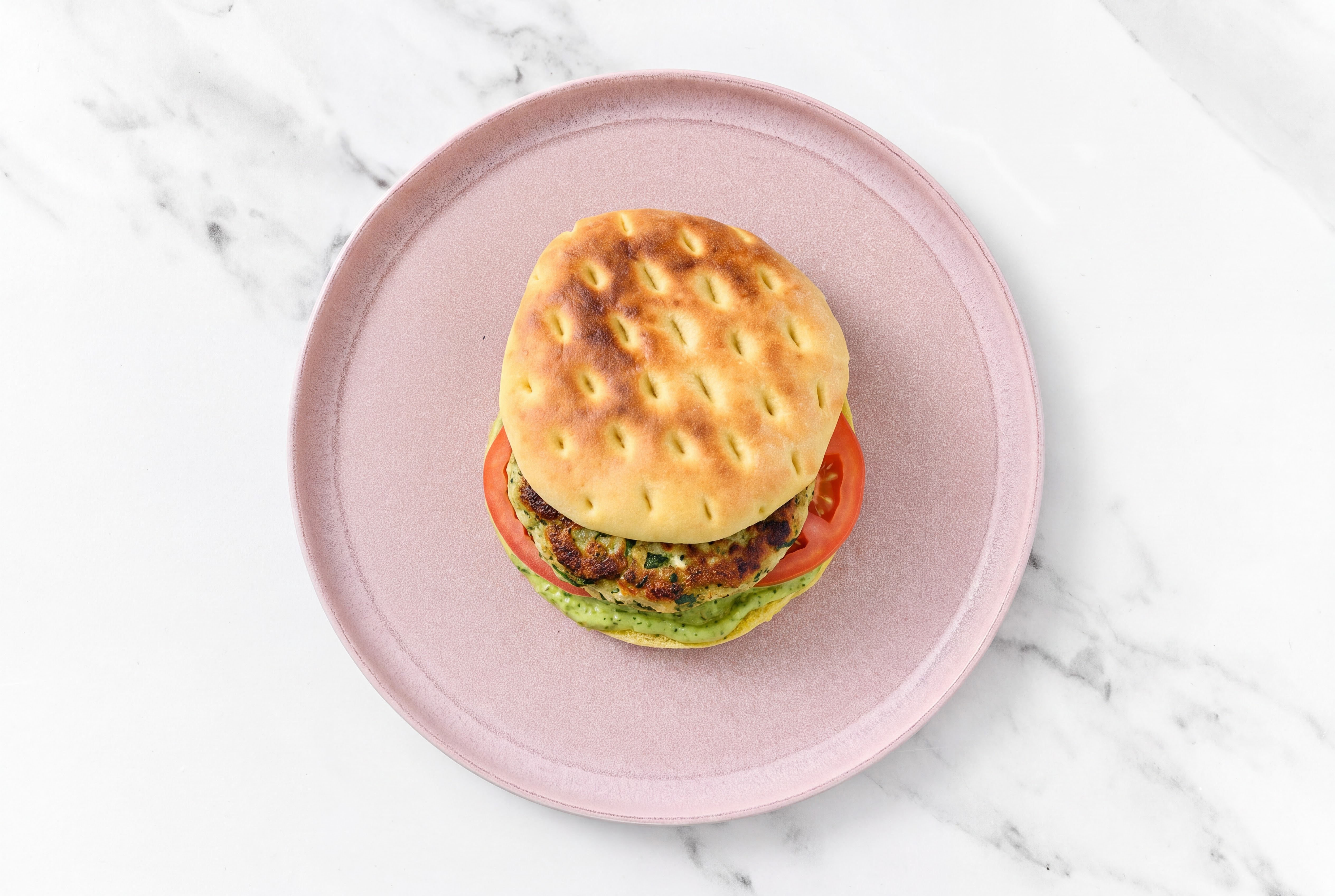 Feta Turkey Patties with Tomatoes + Pesto Aioli on Brioche Buns