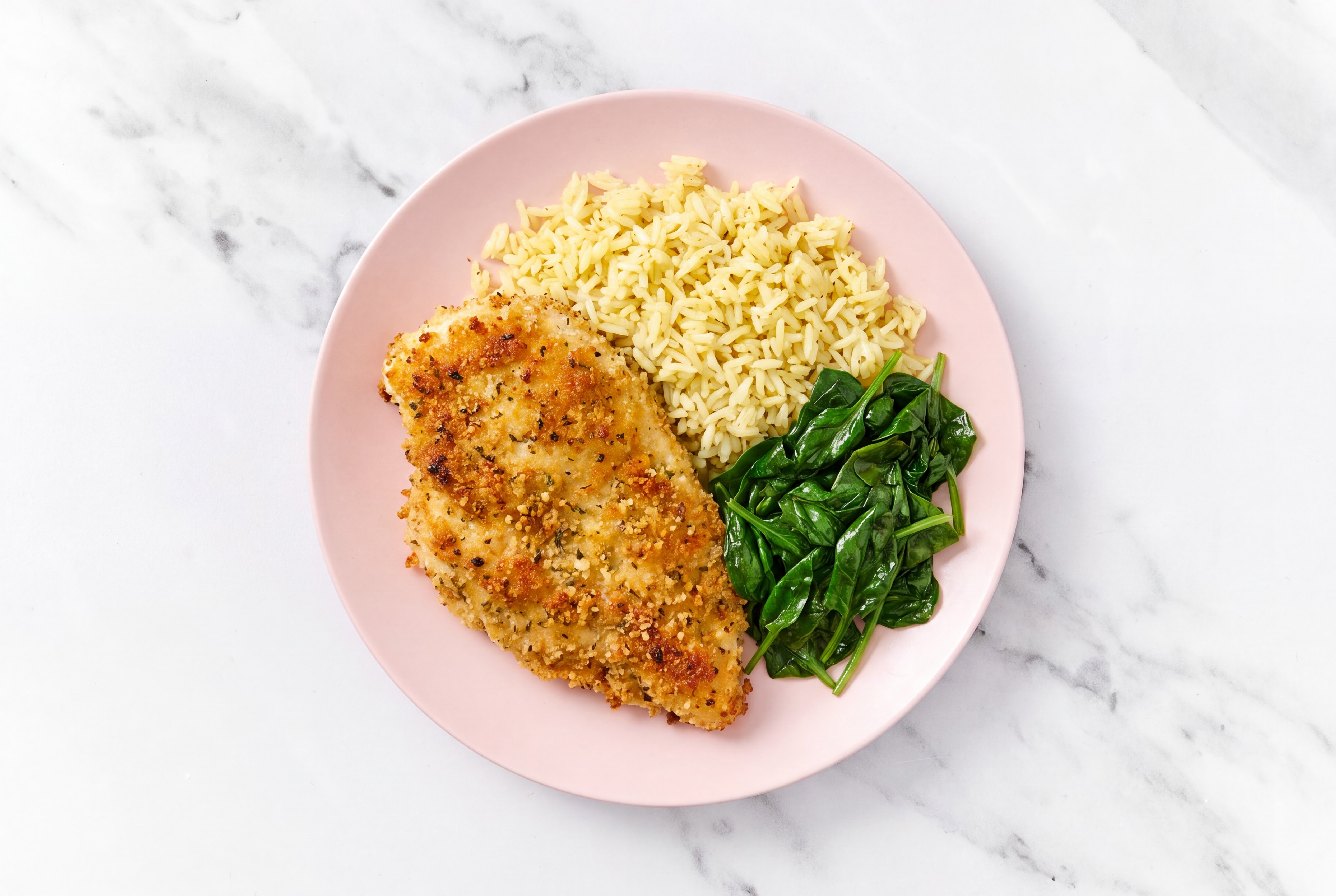 Parmesan Breaded Chicken Cutlet with Baby Spinach & Jasmine Rice