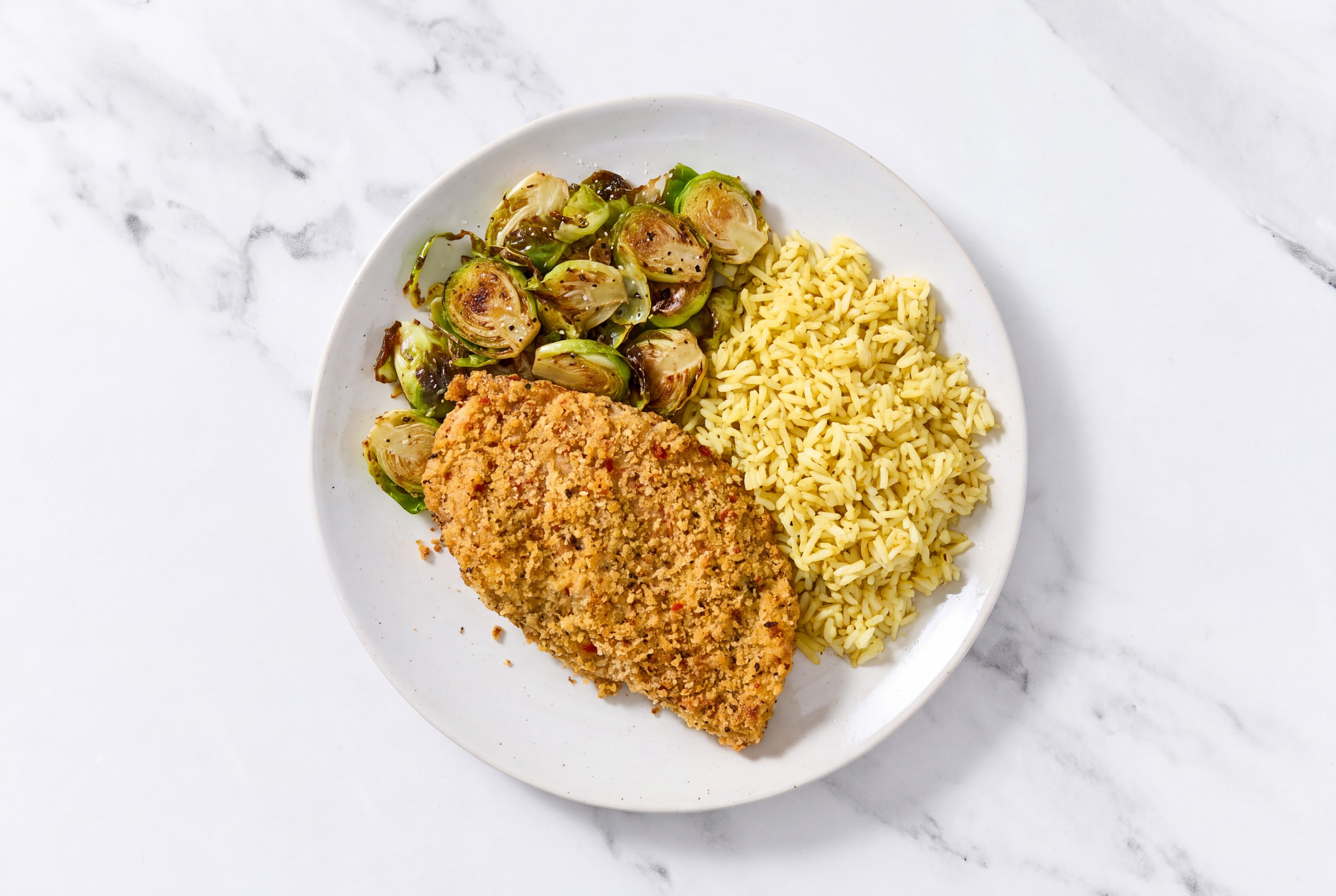 Parmesan Breaded Chicken Cutlet with Brussels Sprouts & Jasmine Rice