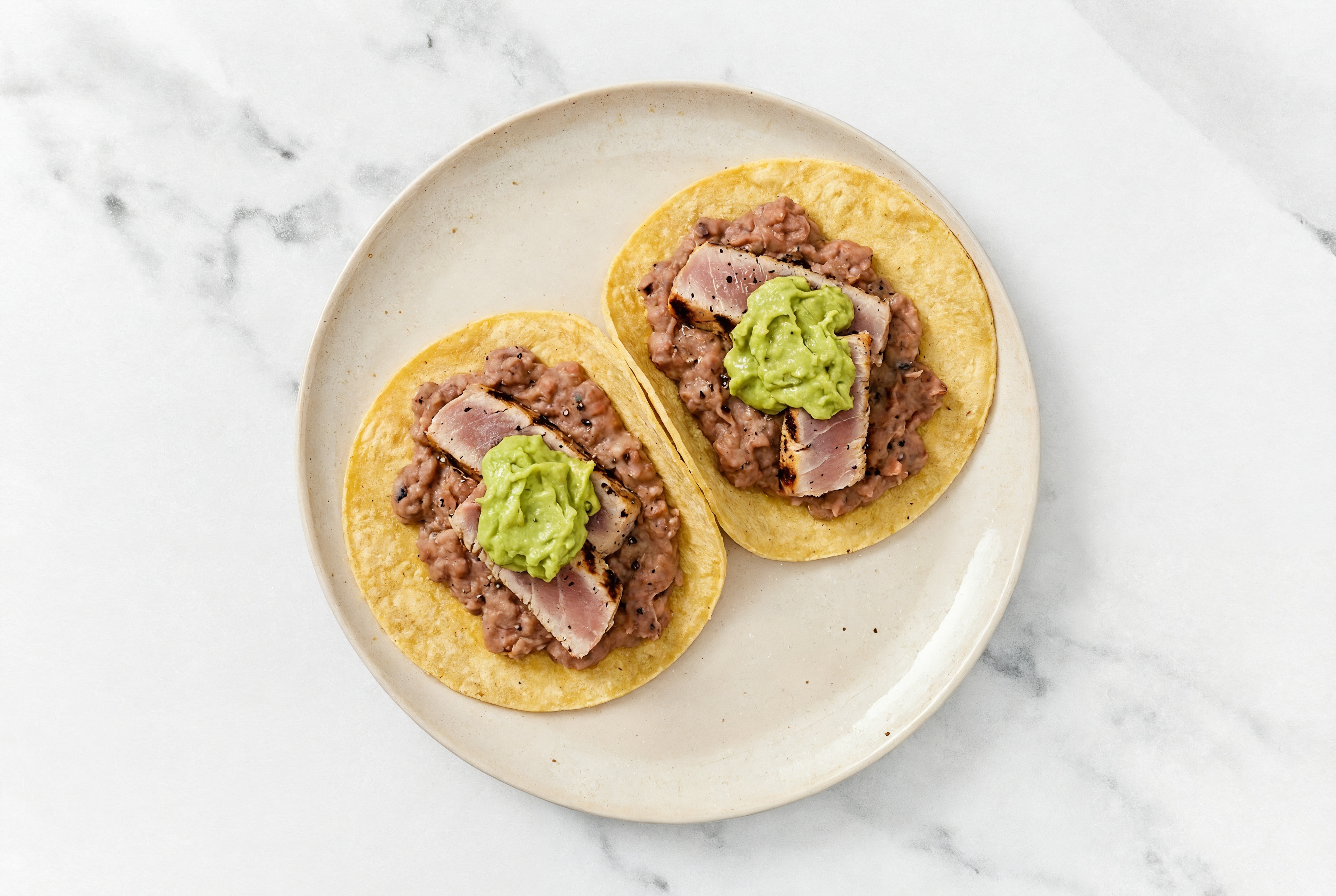 Herby Refried Red Bean Tacos with Seared Tuna & Guacamole