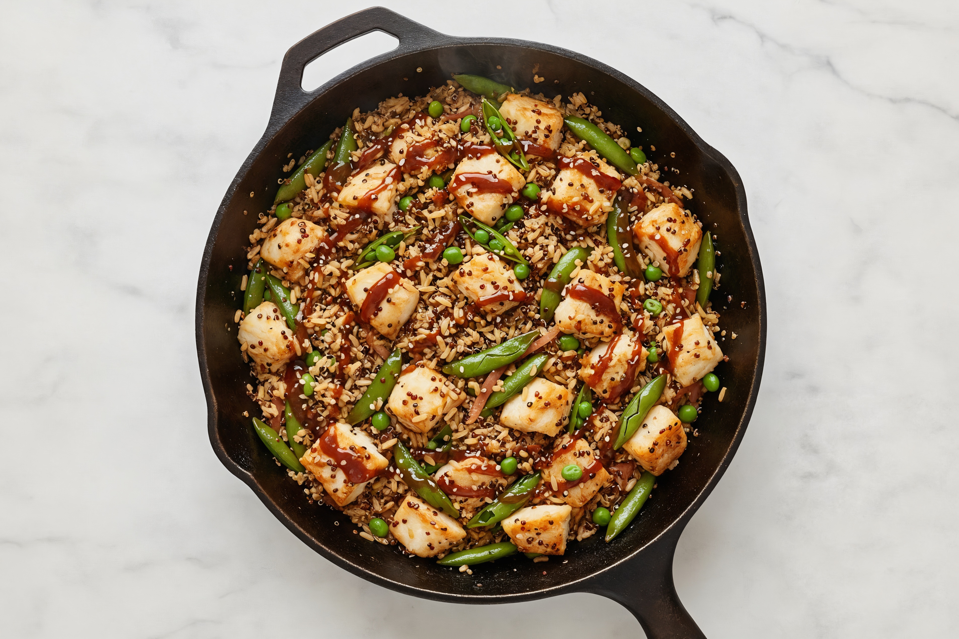 Teriyaki Pea Snap + Wild Halibut Stir-Fry with Brown Rice Quinoa Blend