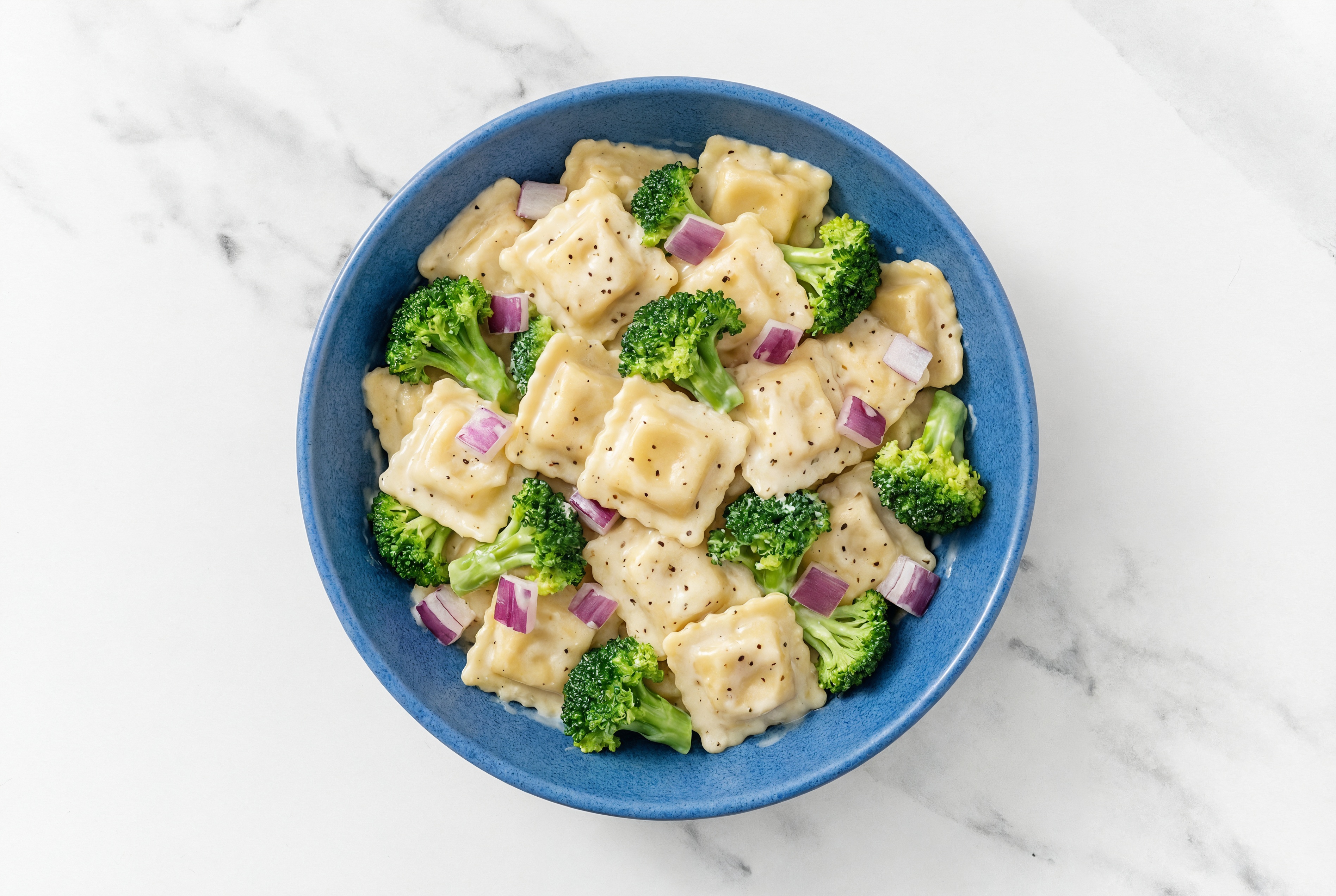 Creamy Ravioli Alfredo with Organic Broccoli