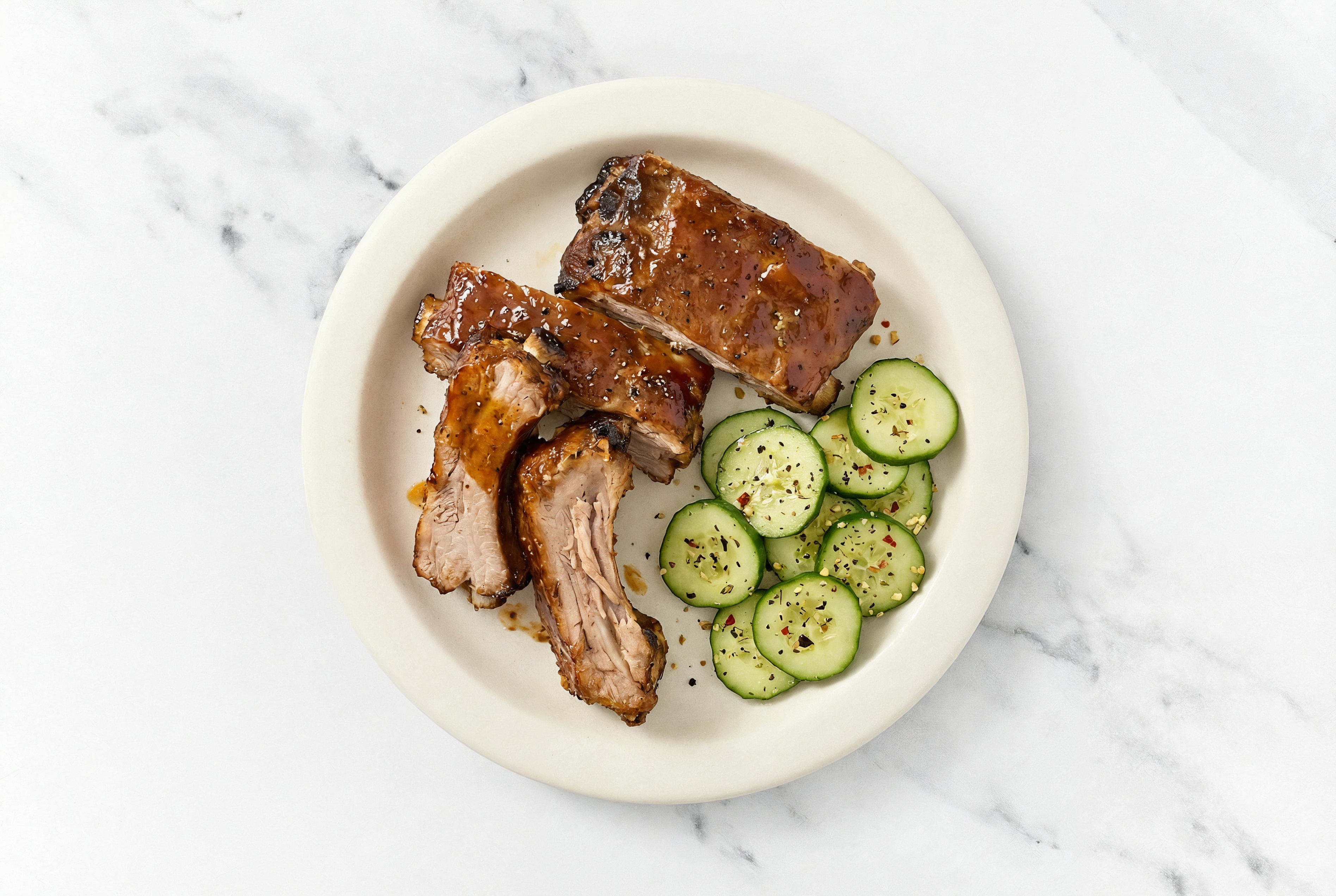 Hickory BBQ Ribs + Cucumber Salad