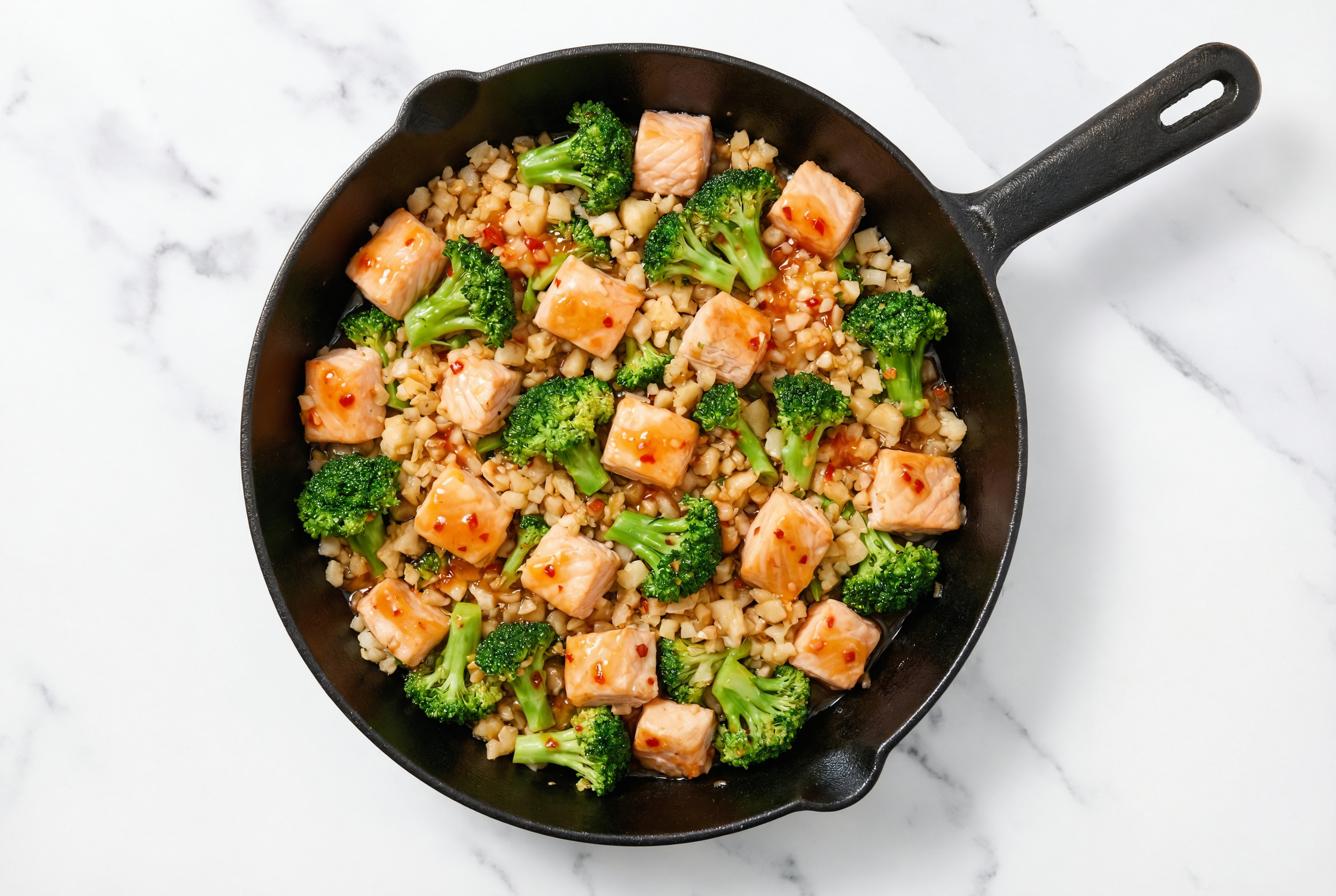 Sweet Chili Salmon Stir-Fry with Broccoli over Riced Cauliflower