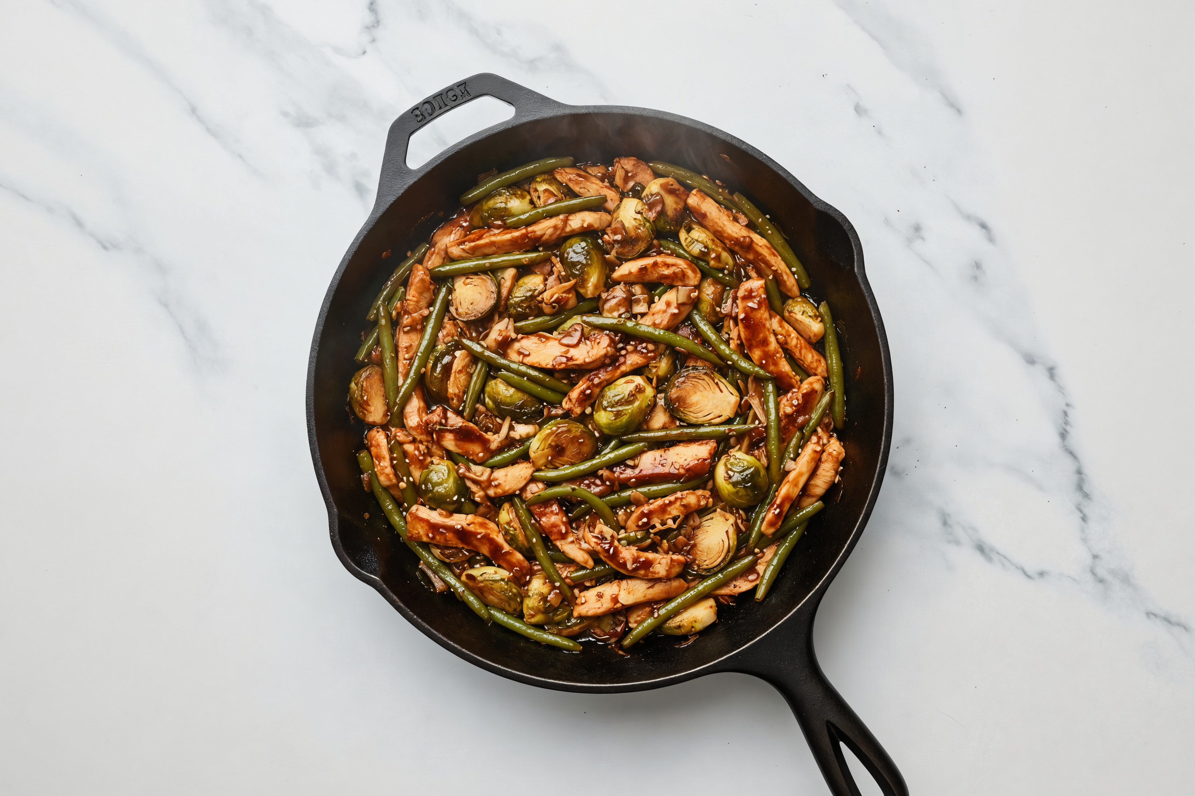 Japanese BBQ Chicken Stir-Fry with Green Beans & Brussels