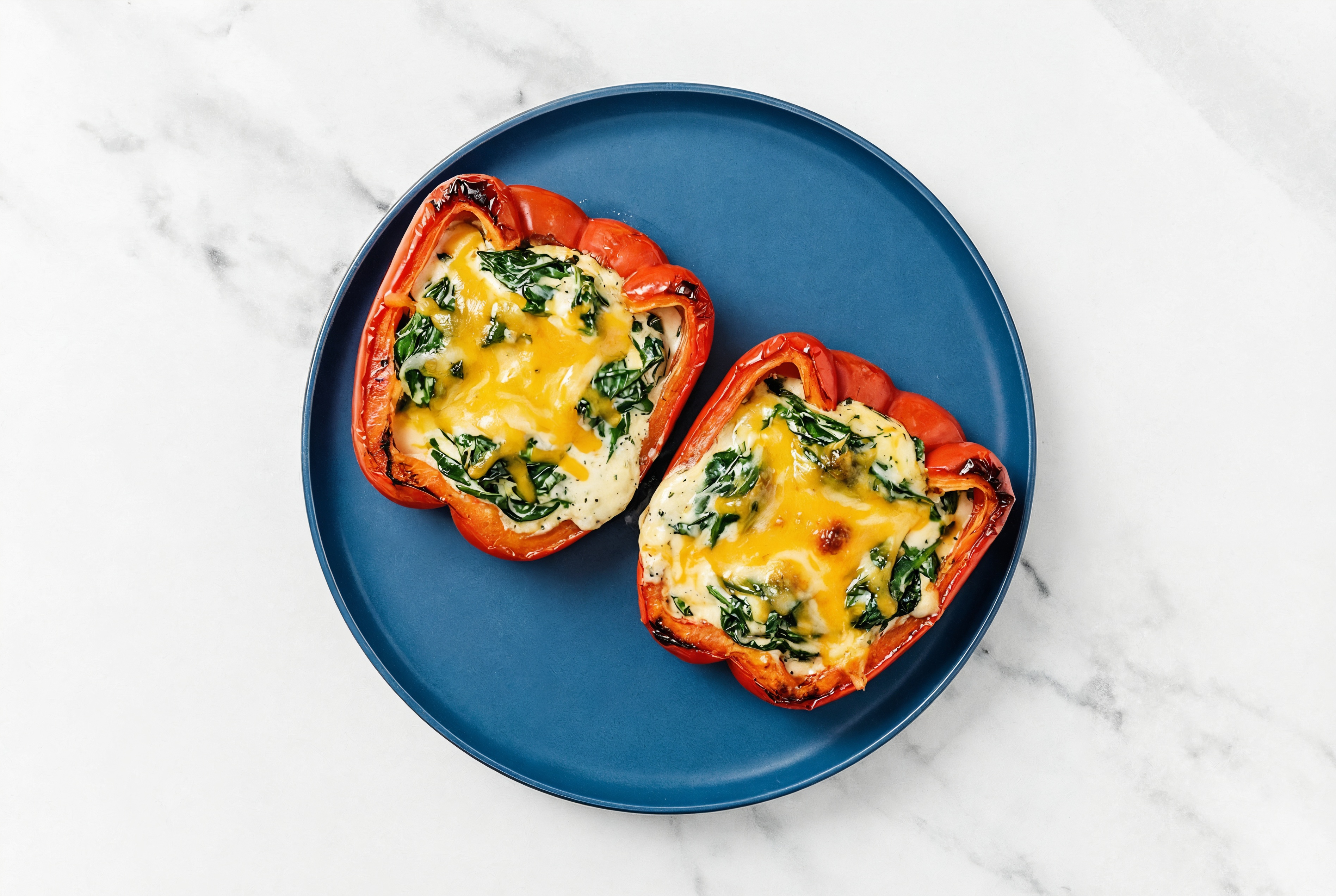 Creamy Spinach Stuffed Organic Peppers with Shredded Sharp Cheddar Cheese