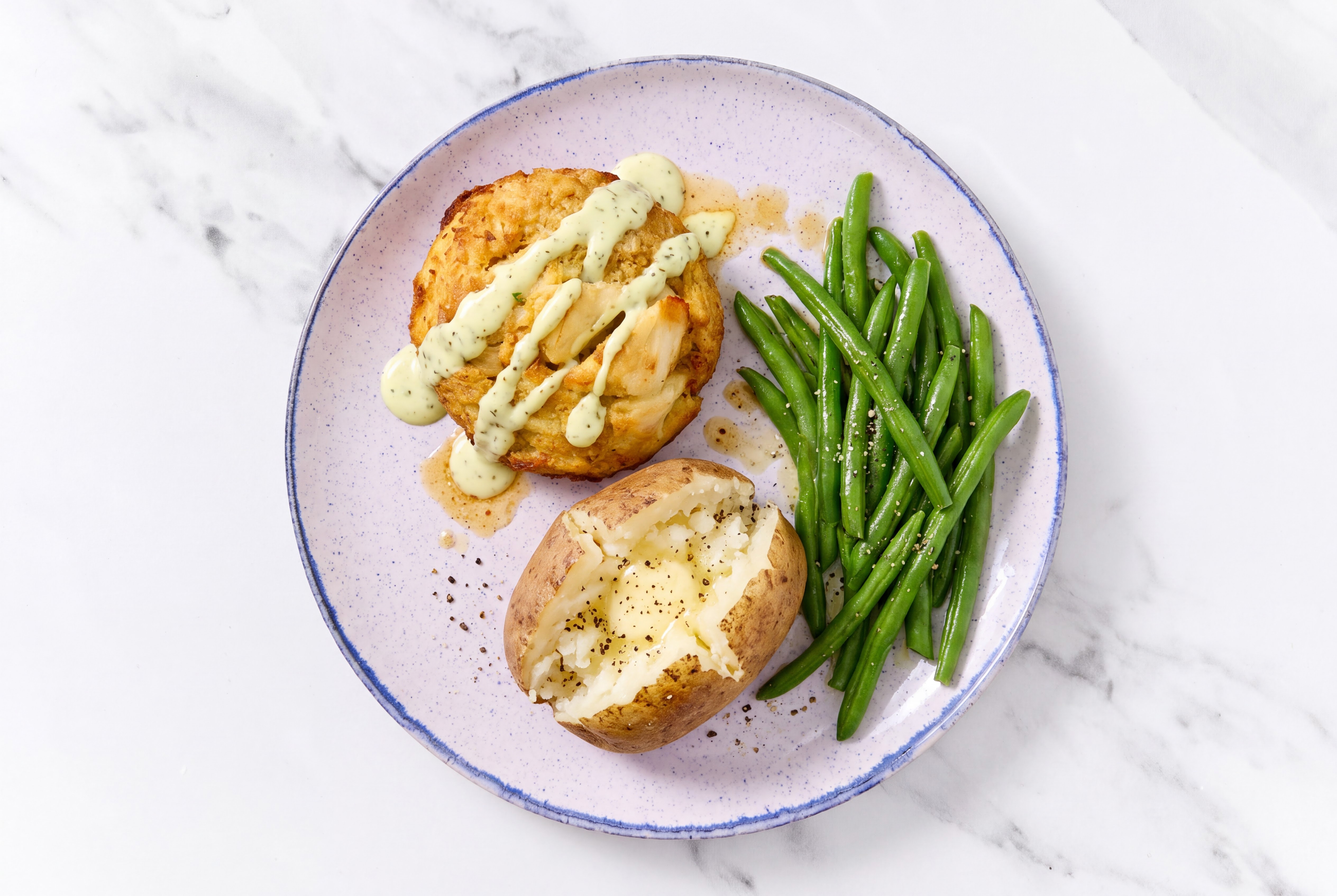 Jalapeño Jumbo Lump Crab Cakes with Taters + Green Beans