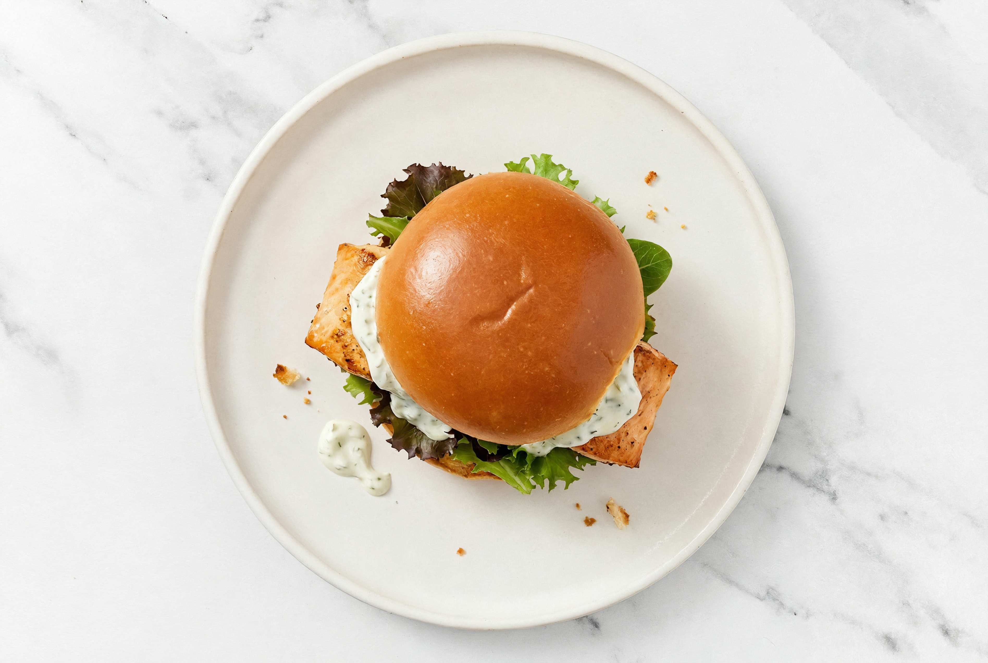 "Tzatziki" Salmon Sandwich on Brioche with Spring Mix