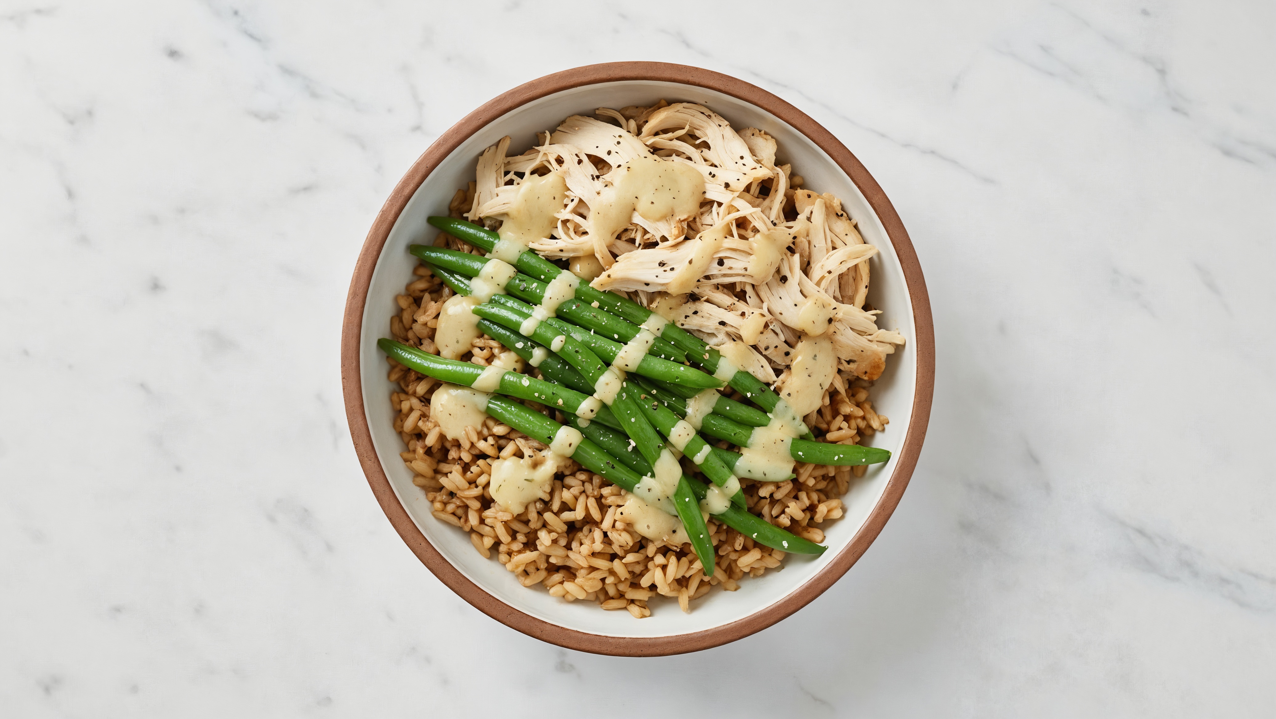Pulled Chicken Brown Rice Bowl with Caesar & Green Beans