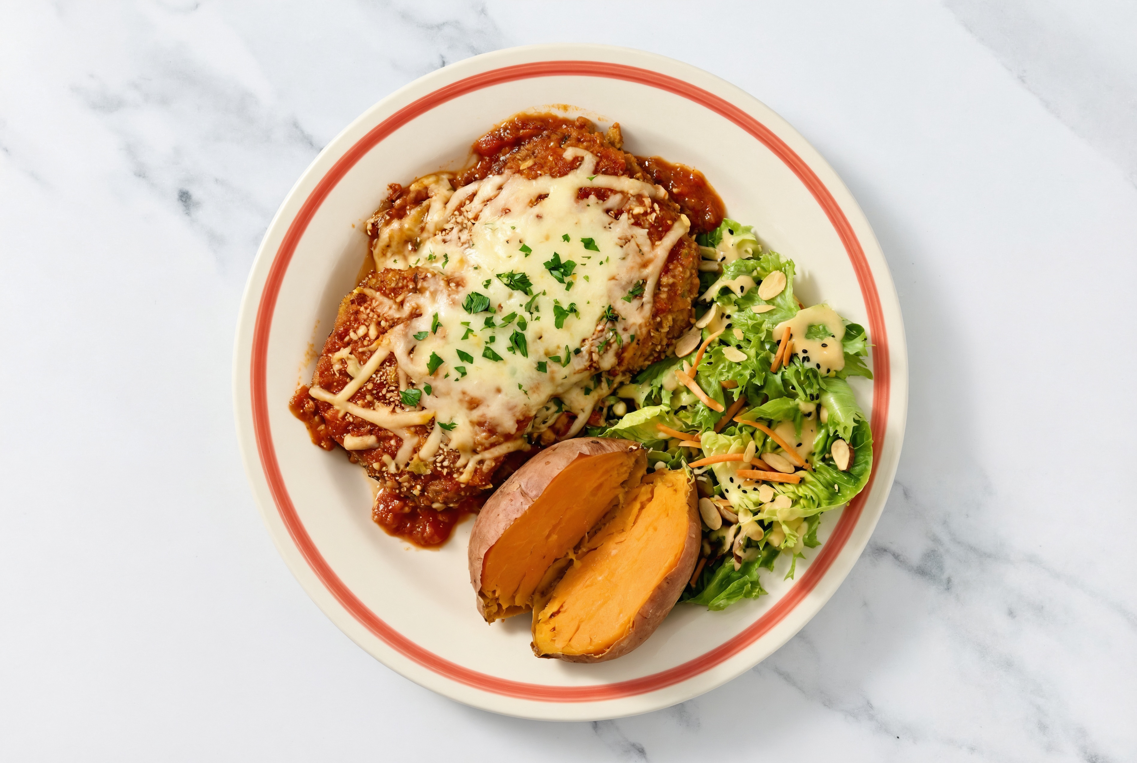 Eggplant Parmesan with Sweet Potato + Little Gem Salad