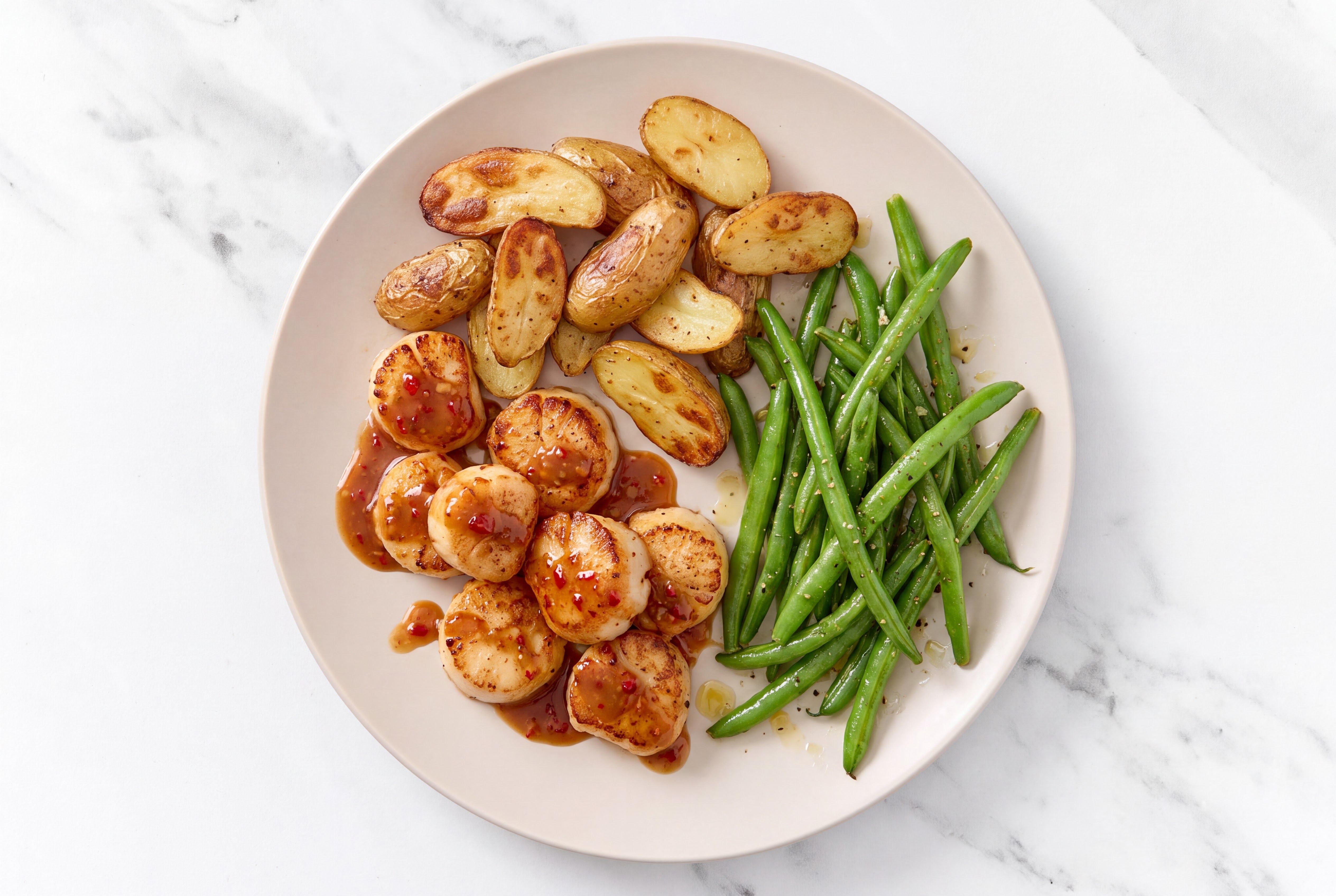 Sesame-Ginger Jumbo Scallops with Fingerling Potatoes & Organic Green Beans