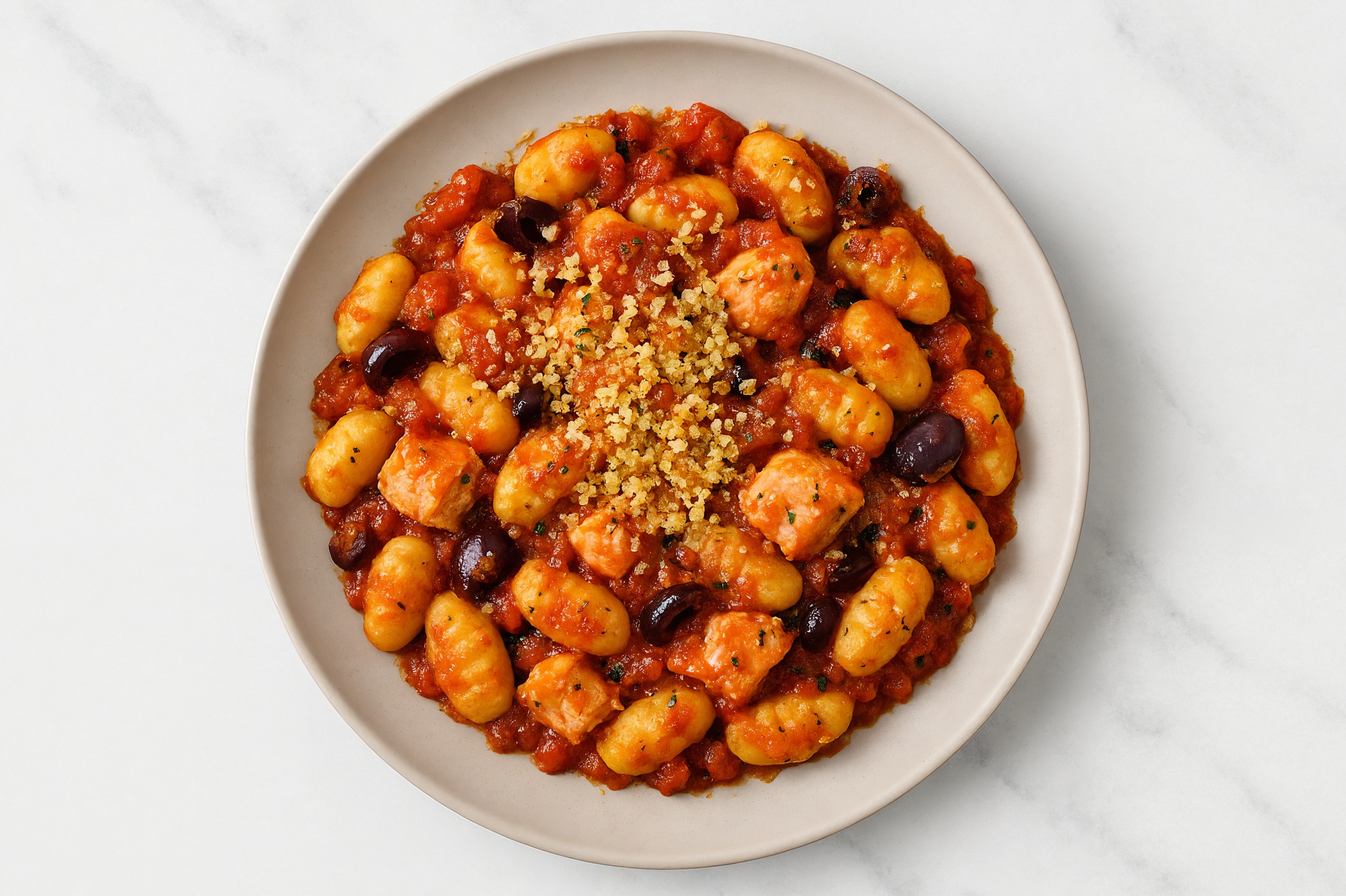 Classic Salmon Gnocchi with Kalamata Olives + Toasted Panko