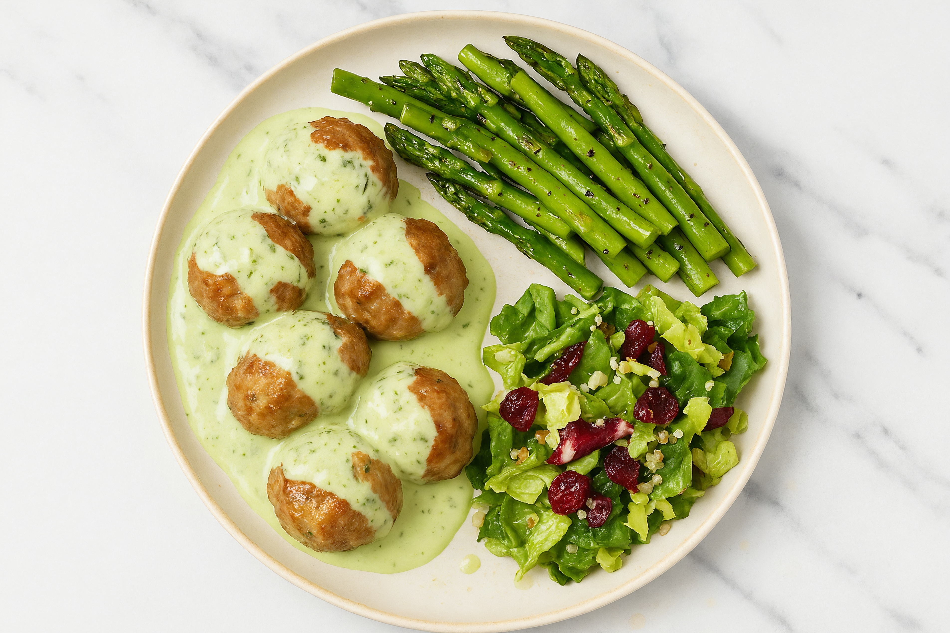 Jalapeño Baked Beef Meatballs & Asparagus with Honey Citrus Salad