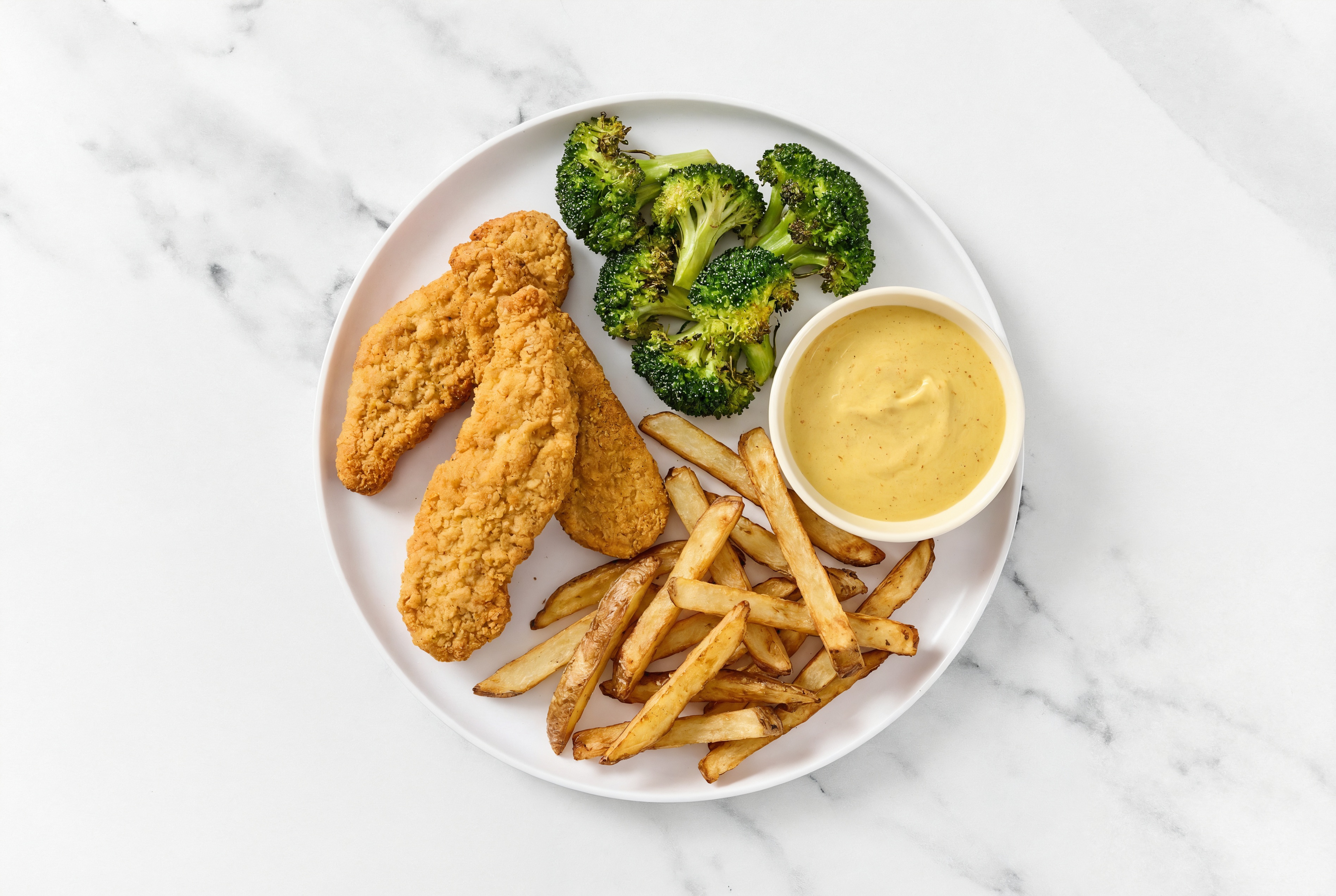Savory Plant-Based Tenders + Fries Plate with Broccoli Florets