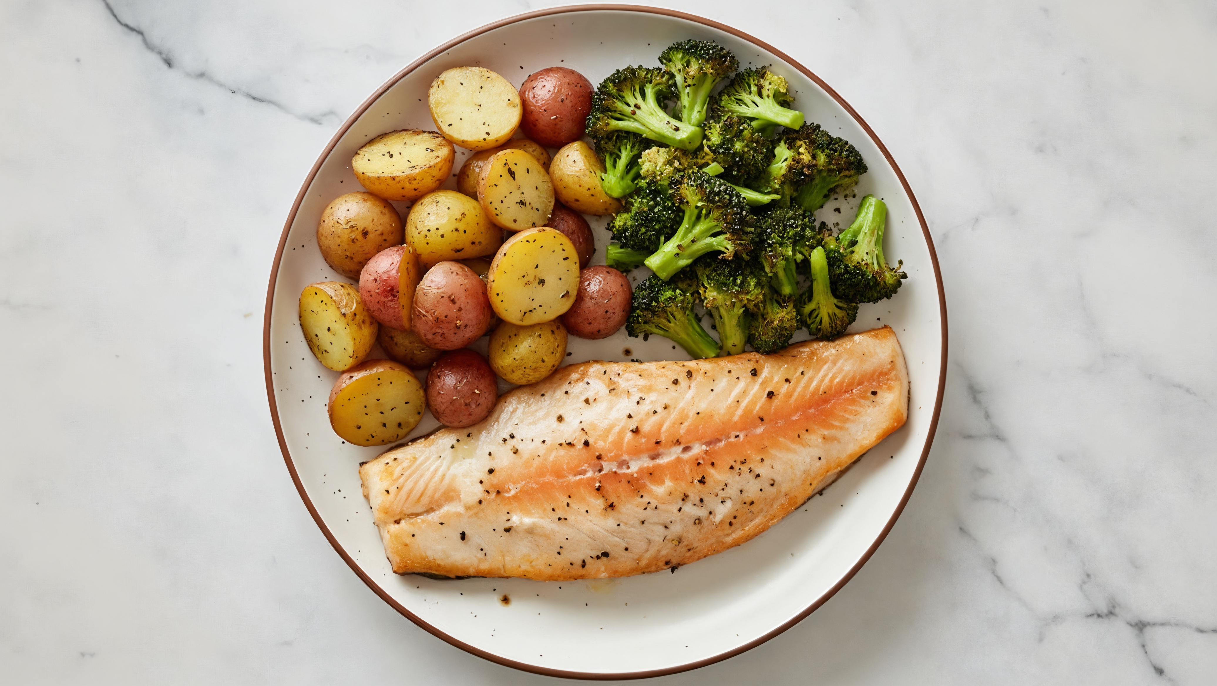 Spiced Oven Roasted Steelhead Trout with Baby Potatoes with Broccoli Florets