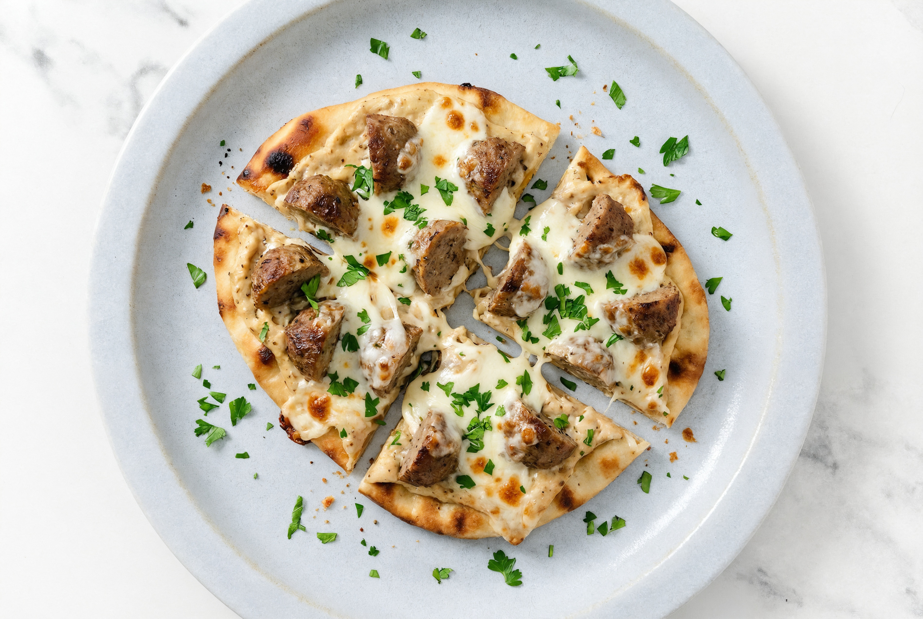 Sweet Onion Meatball Naan Pizza with Fresh Mozz + Fresh Parsley
