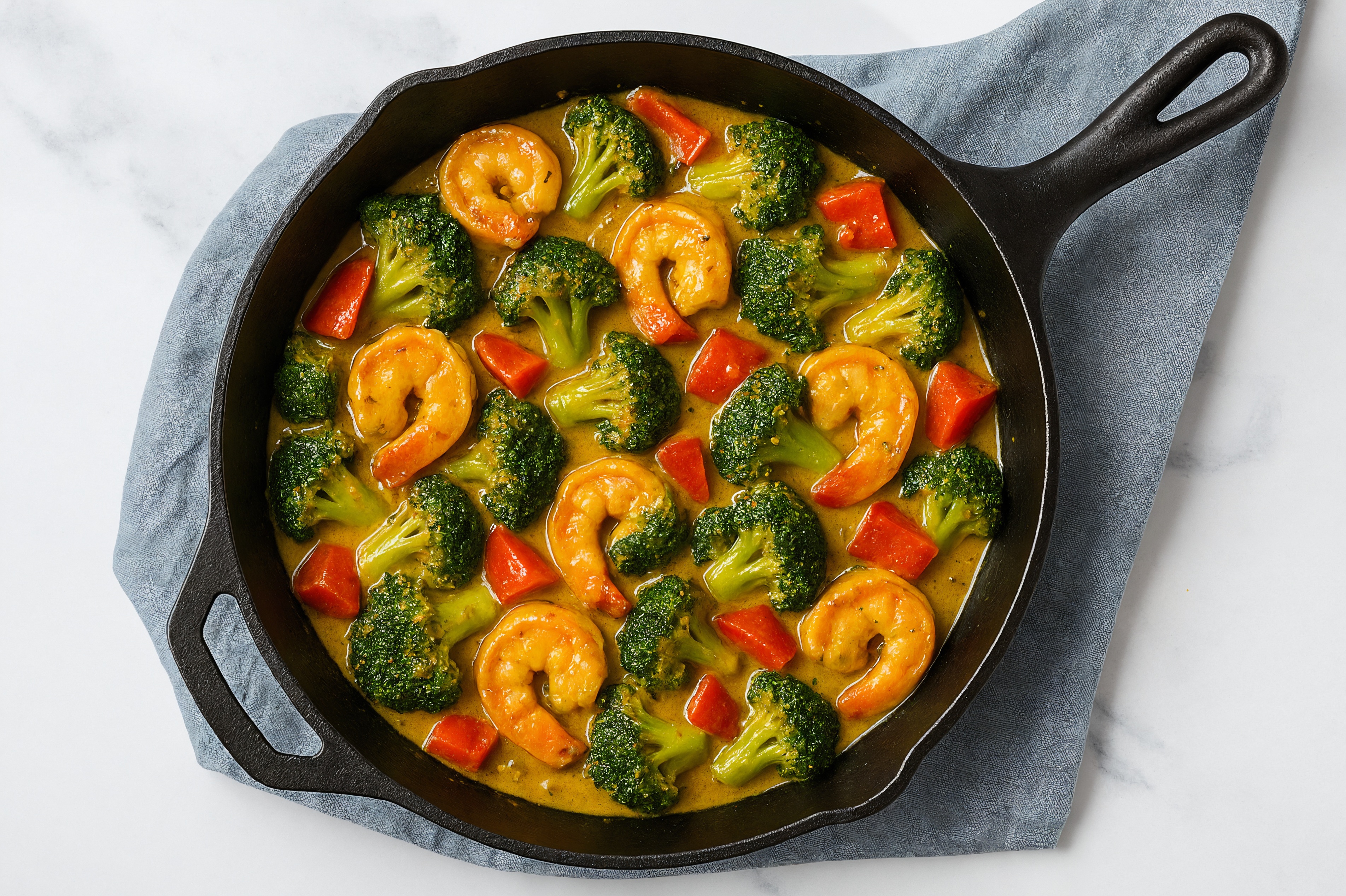 Coconut Curry Jumbo Shrimp with Sautéed Broccoli + Red Organic Pepper